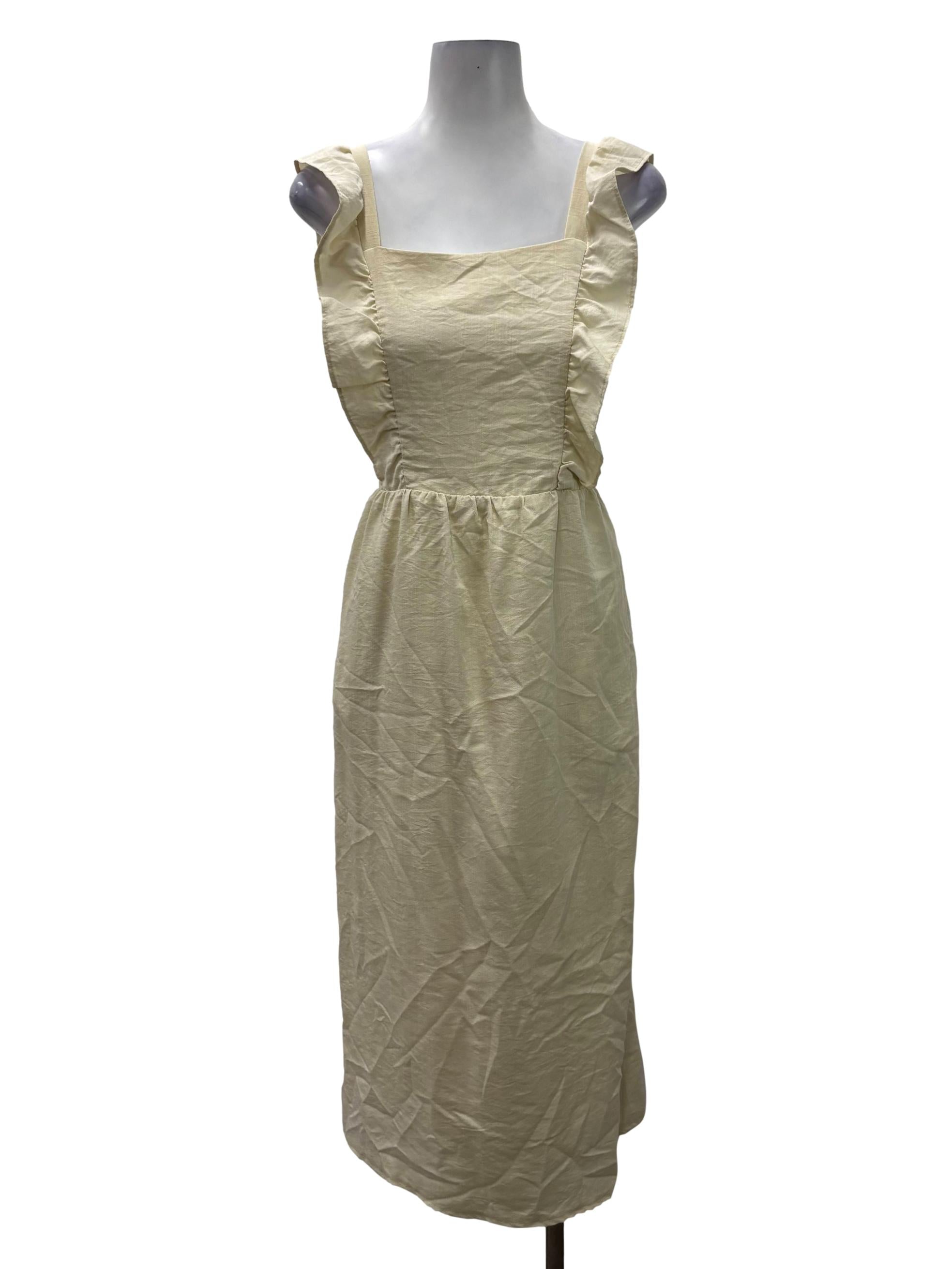 Beige Ruched Square Neck Maxi Dress
