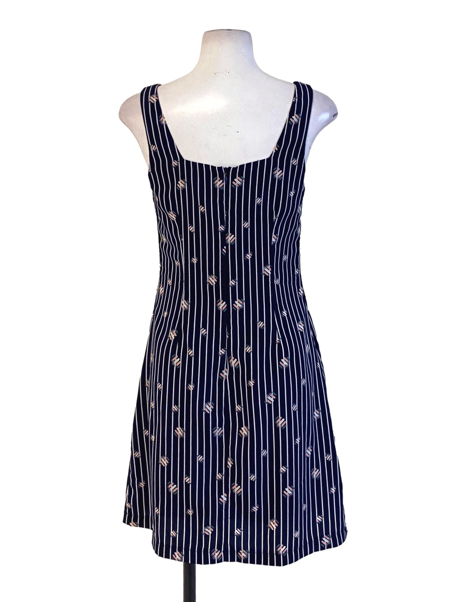 Navy Blue Stripes Buttoned Down Square Neck A-Line Dress
