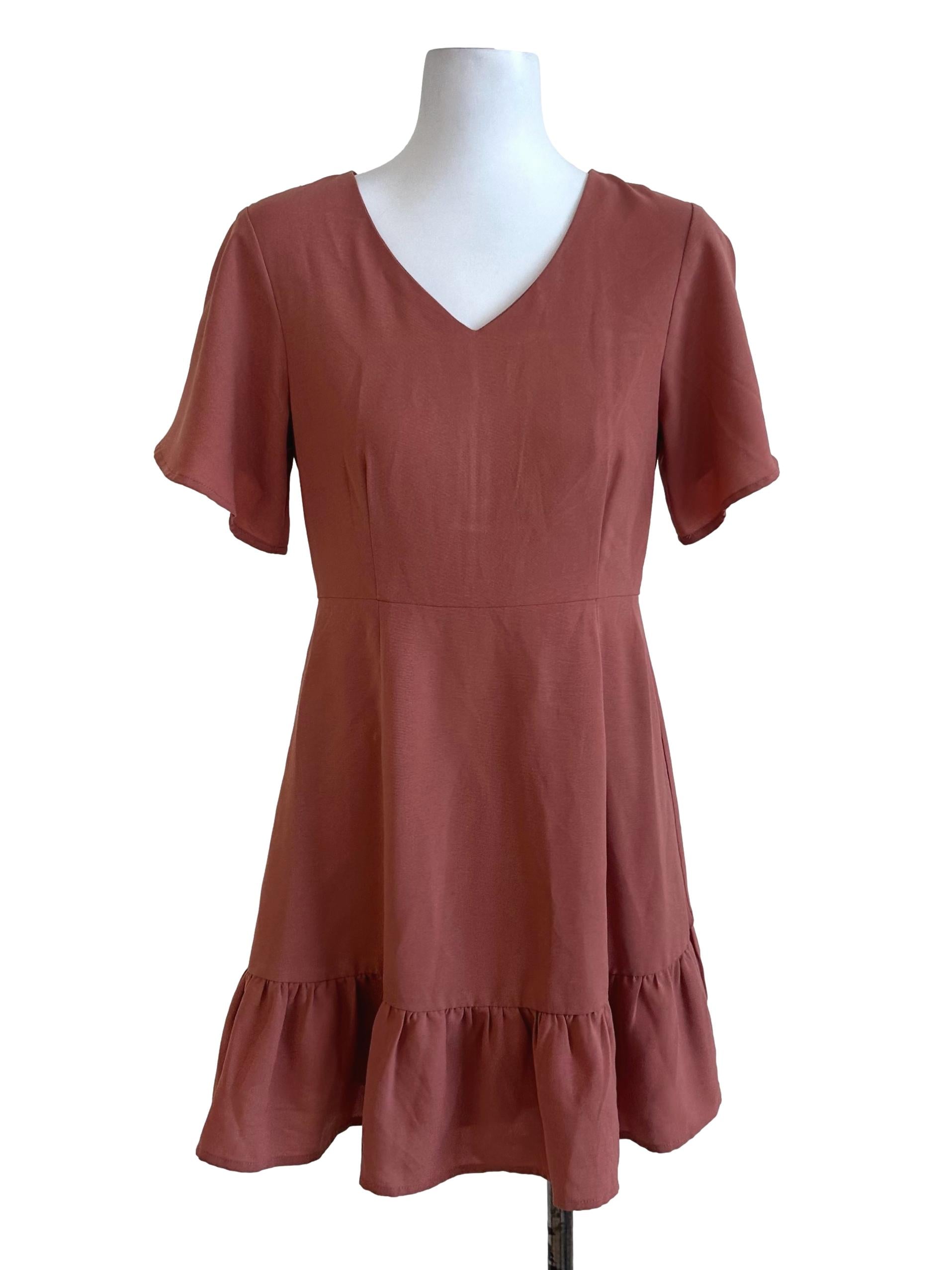 Salmon Red Plain Ruffle Dress