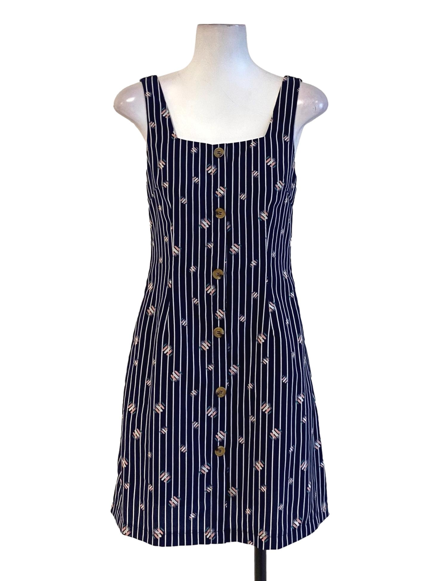 Navy Blue Stripes Buttoned Down Square Neck A-Line Dress