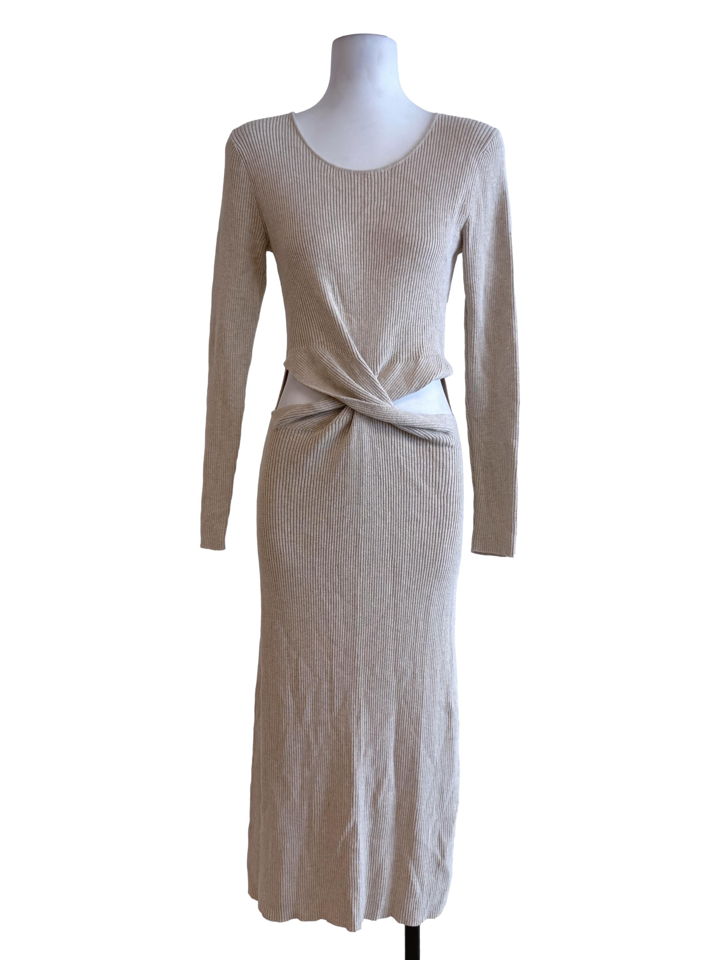 Beige Fitted Long Sleeve Stretchable Dress