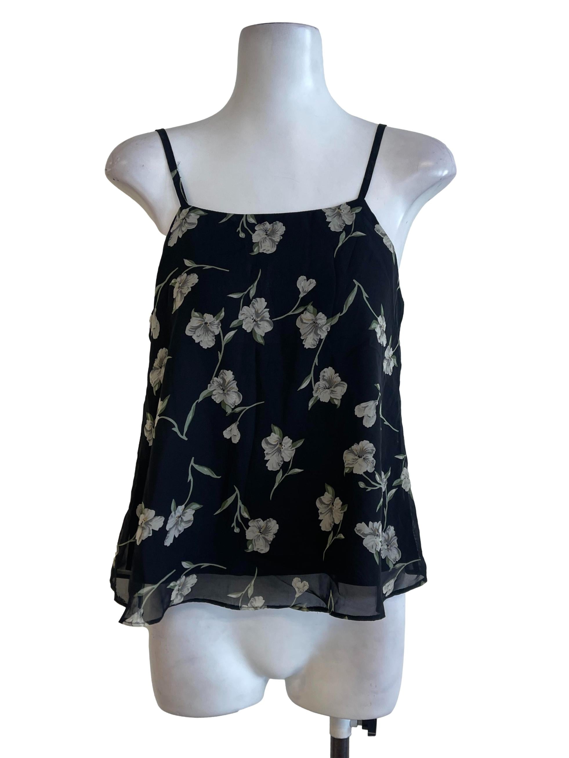 Black Flower Spaghetti Strap Tops