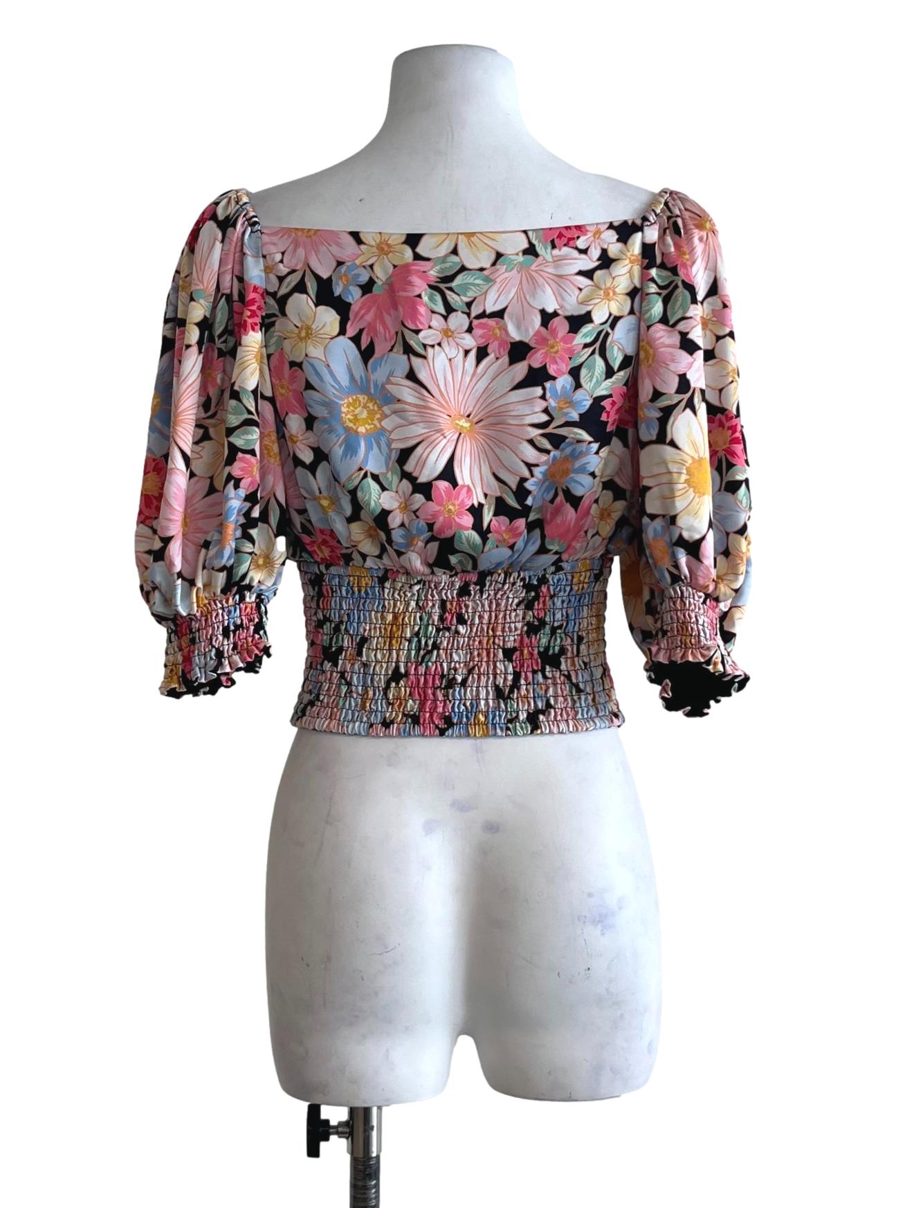 Black Multicolor Floral Crop Blouse