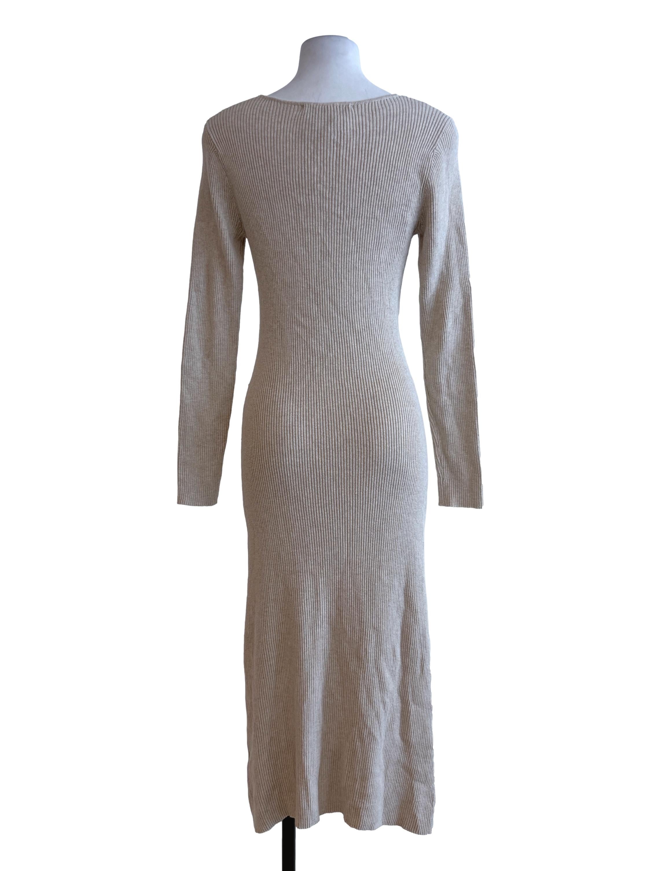 Beige Fitted Long Sleeve Stretchable Dress