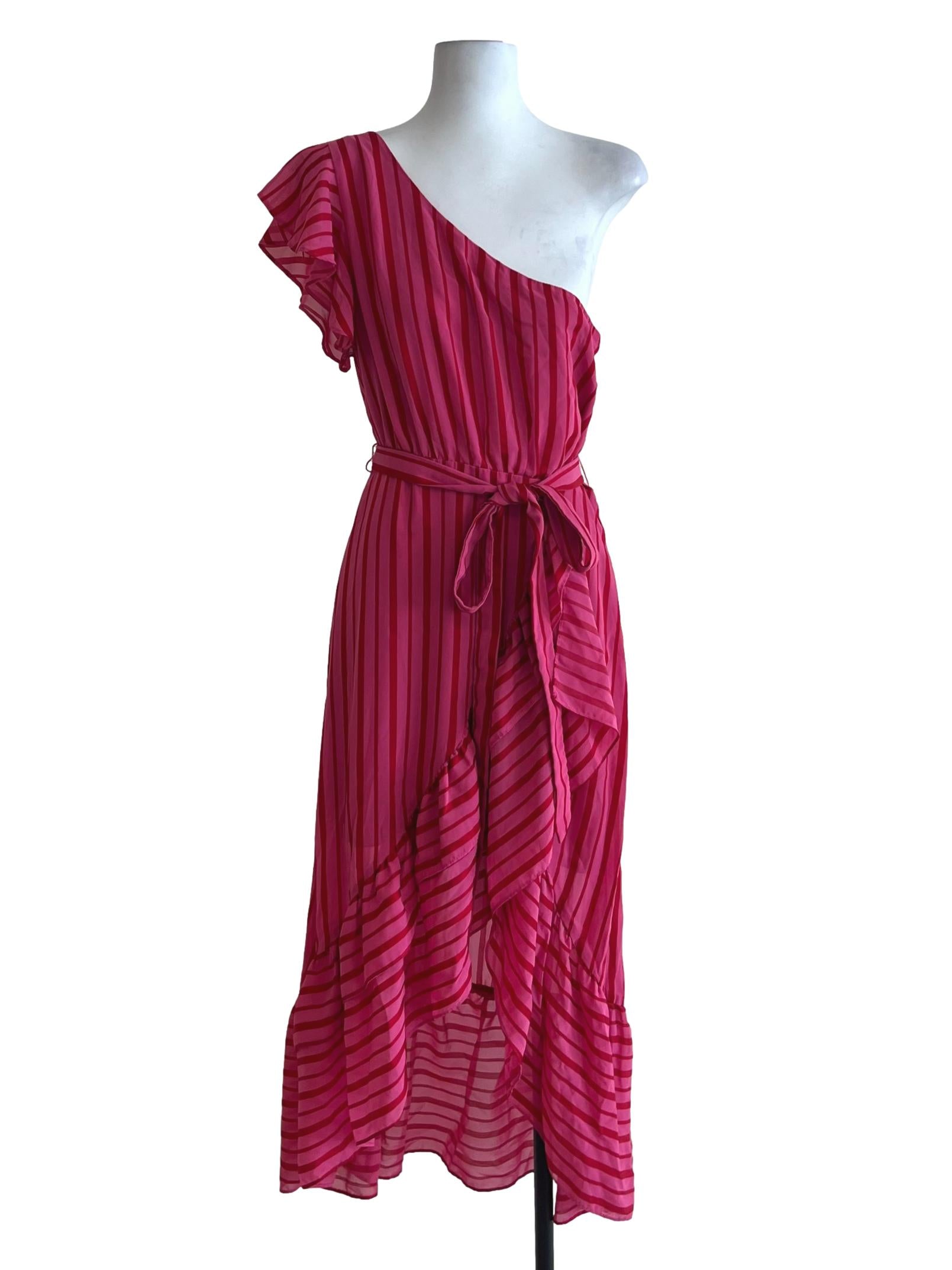 Hot Pink Asymmetrical Neckline A-Line Dress