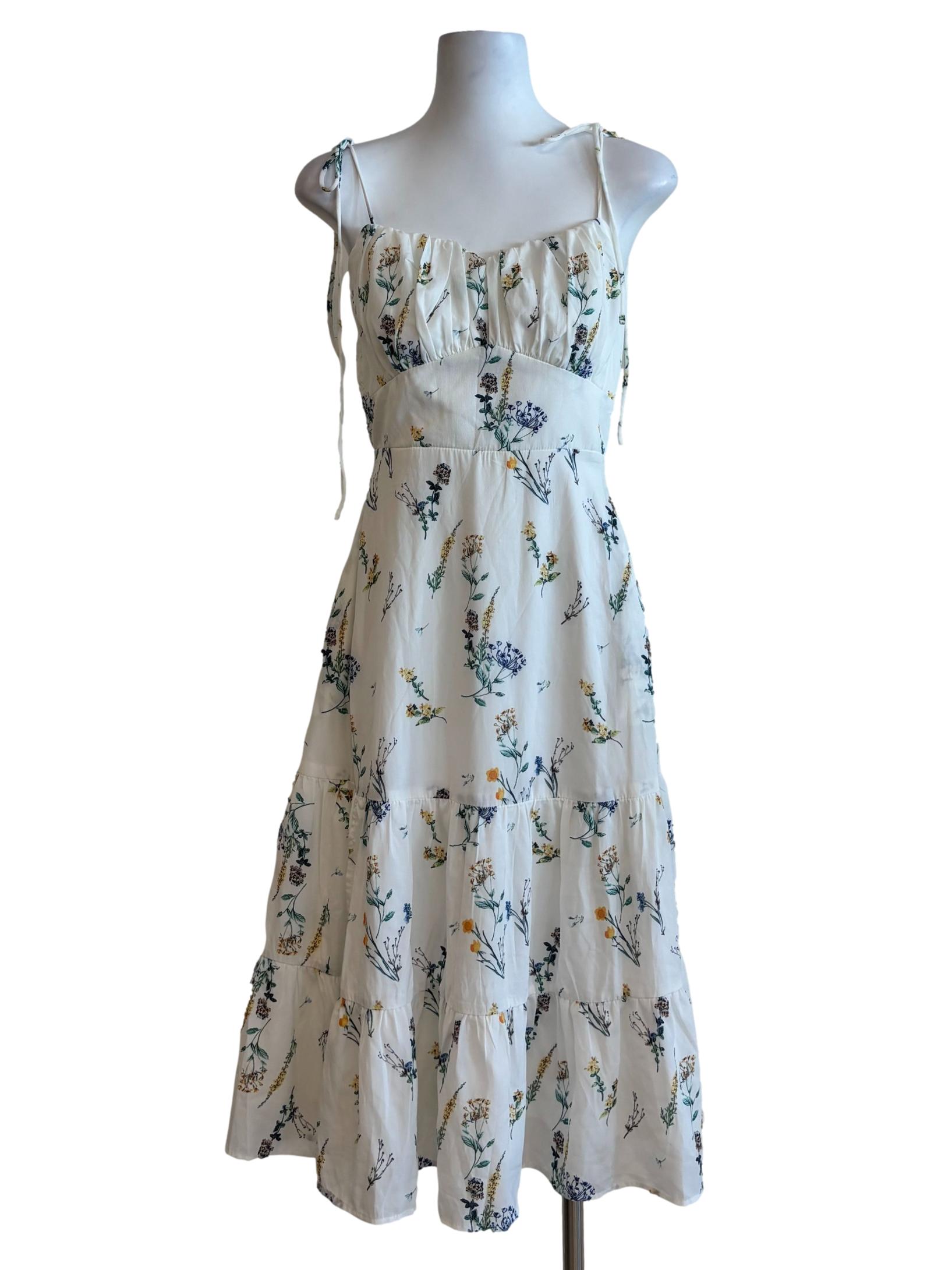 Powder White Floral Tiered A-Line Dress