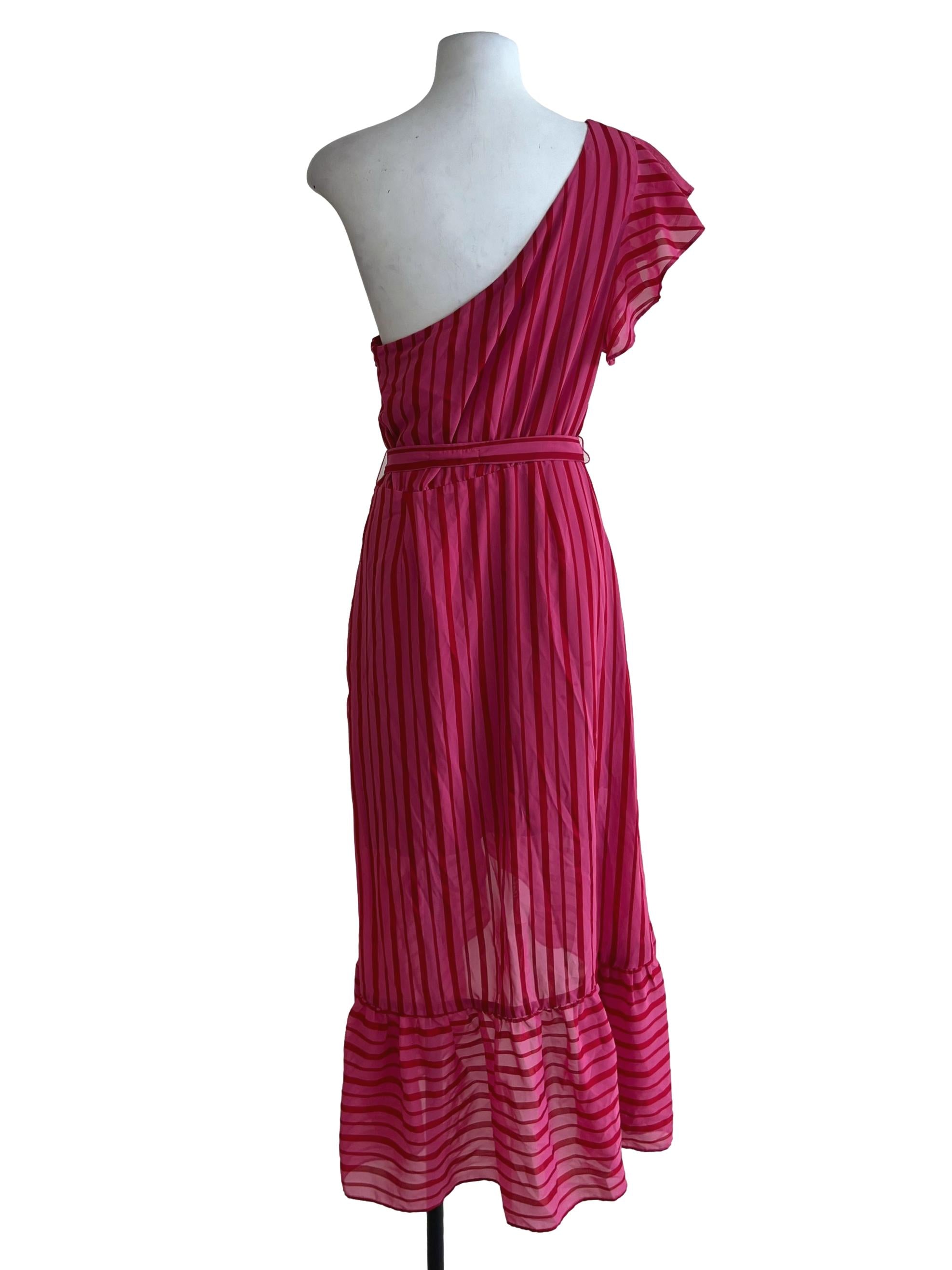 Hot Pink Asymmetrical Neckline A-Line Dress