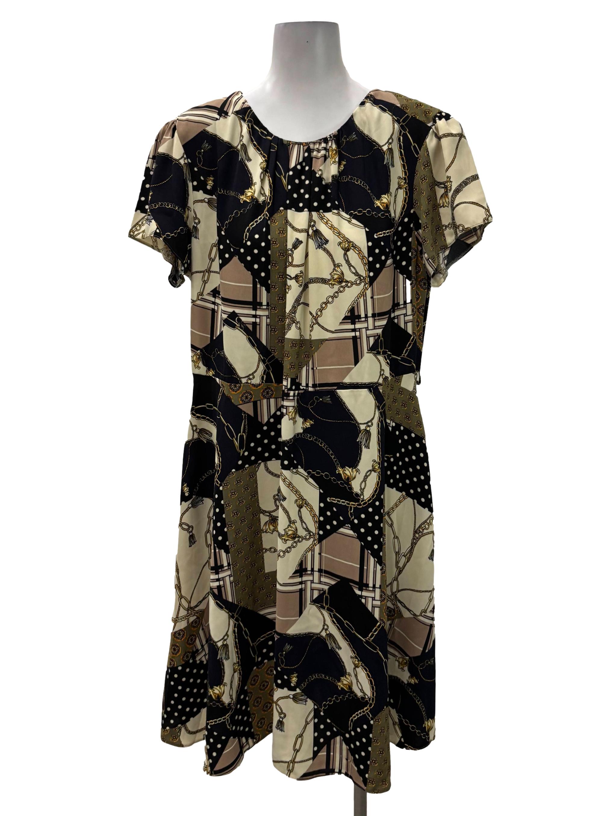 Cream And Beige Graphic Roundneck Midi Dress