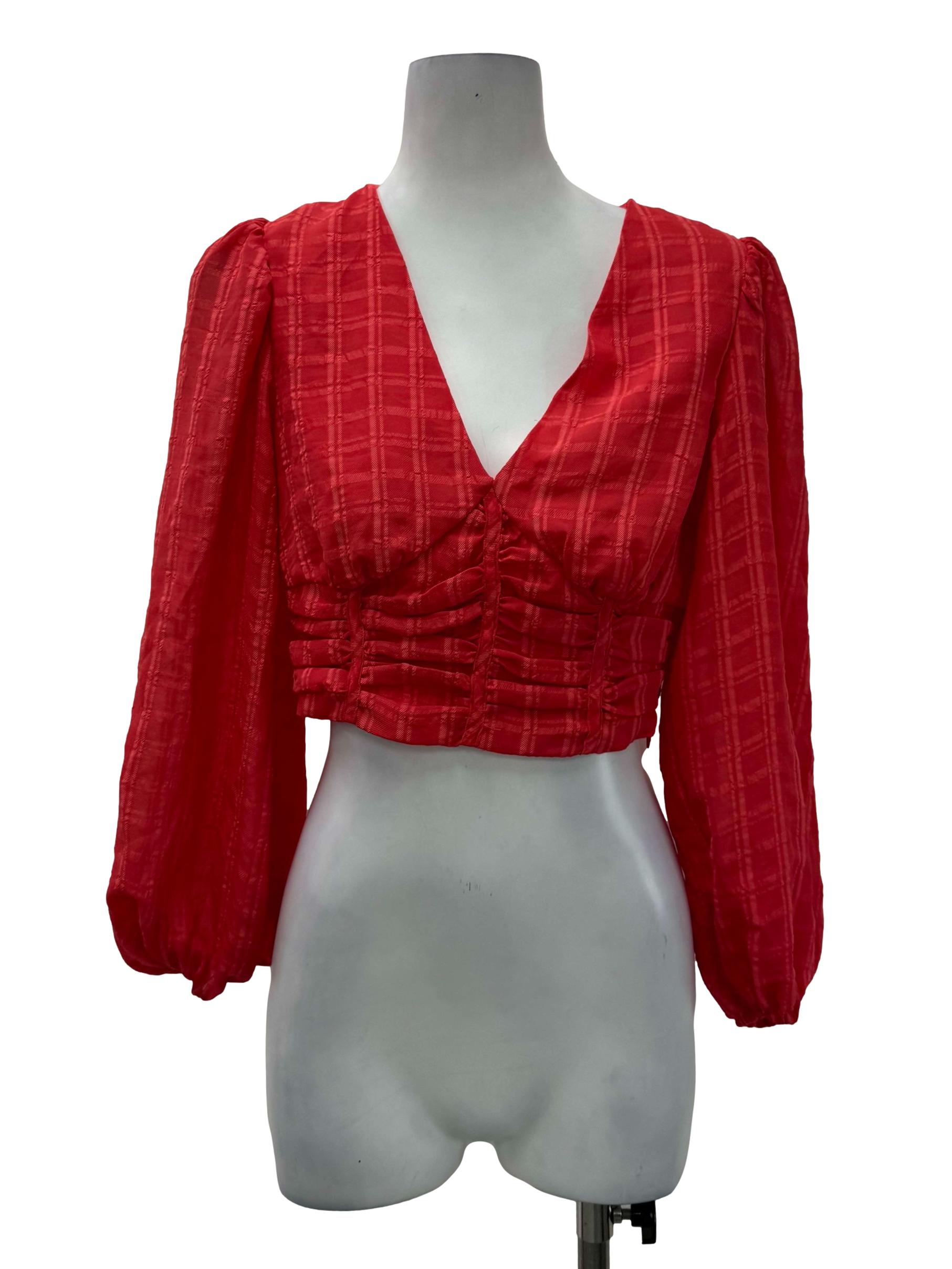 Red Checkered V Neck Blouse