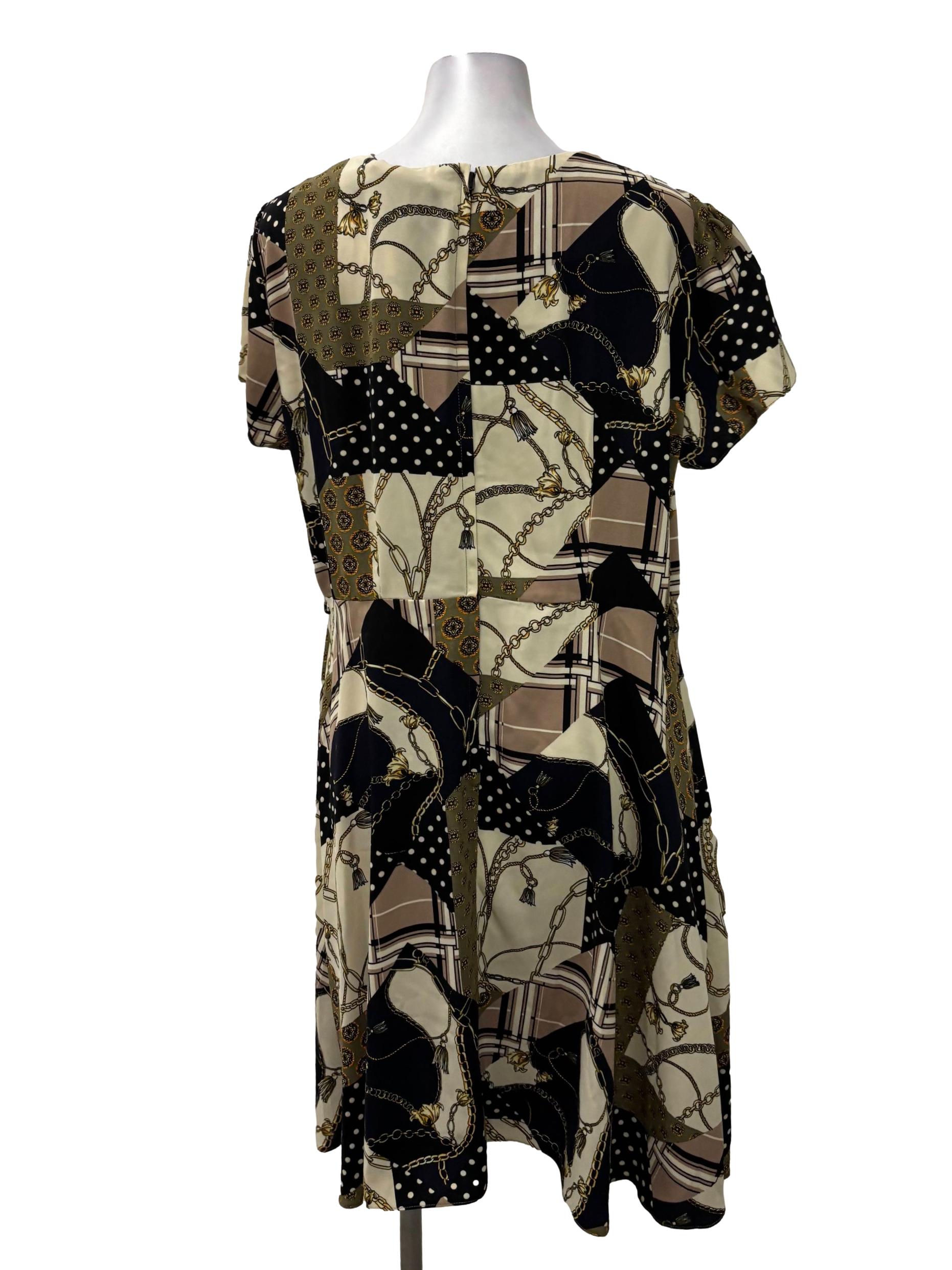 Cream And Beige Graphic Roundneck Midi Dress