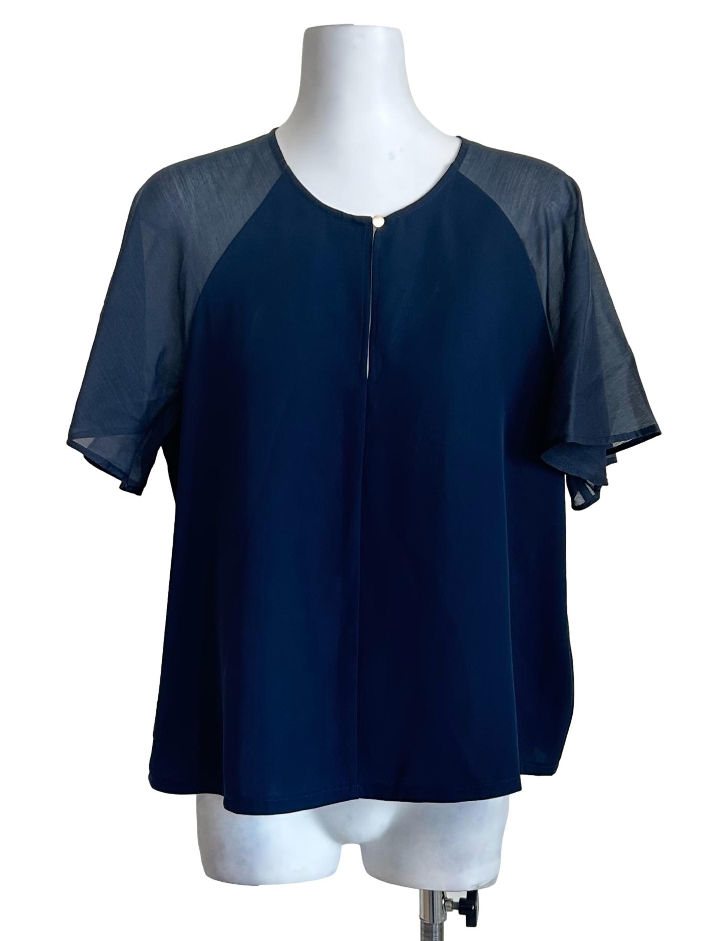 Navy Blue Sheer Sleeve Blouse