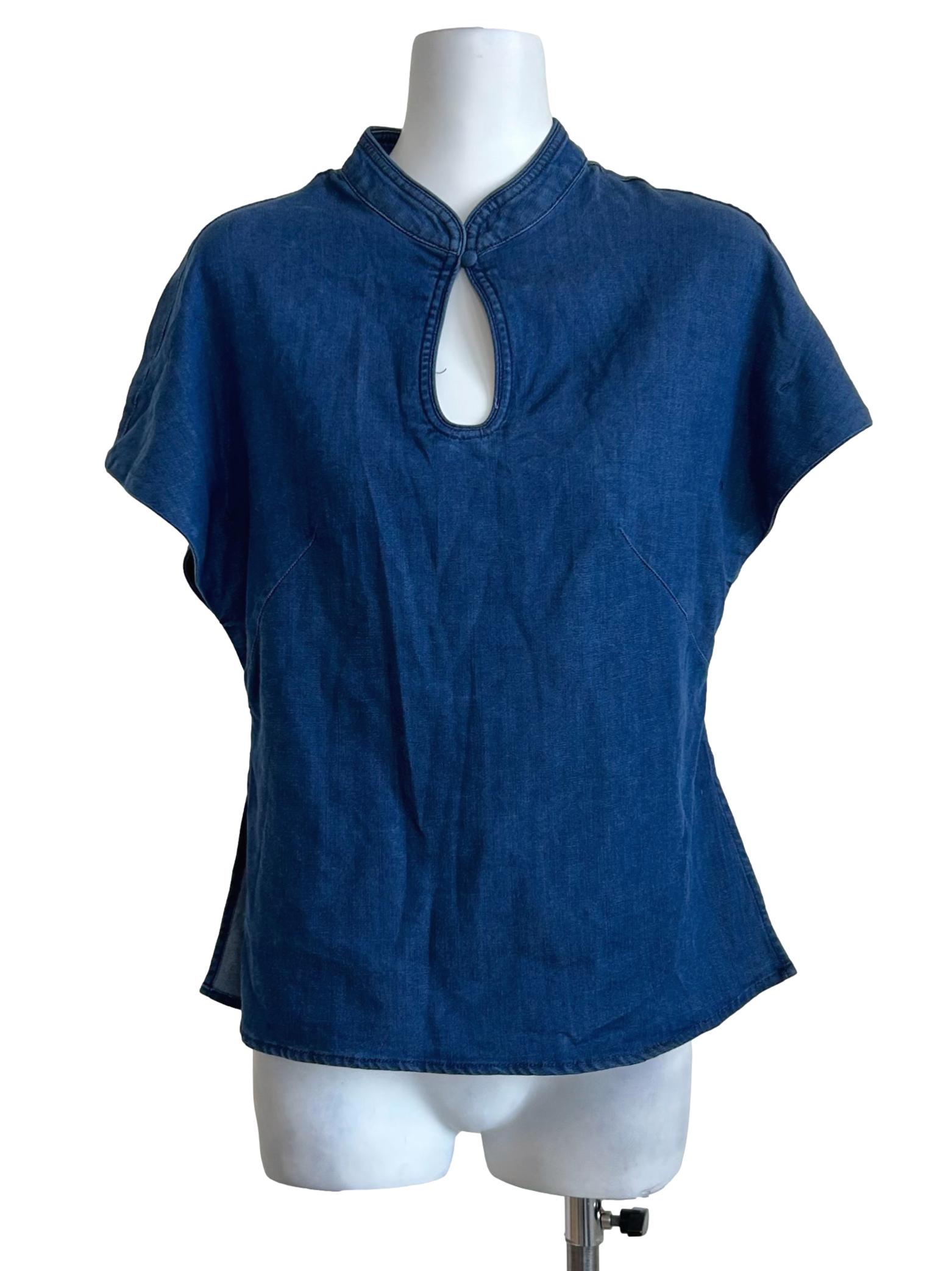 Blue Denim Keyhole Mandarin Top