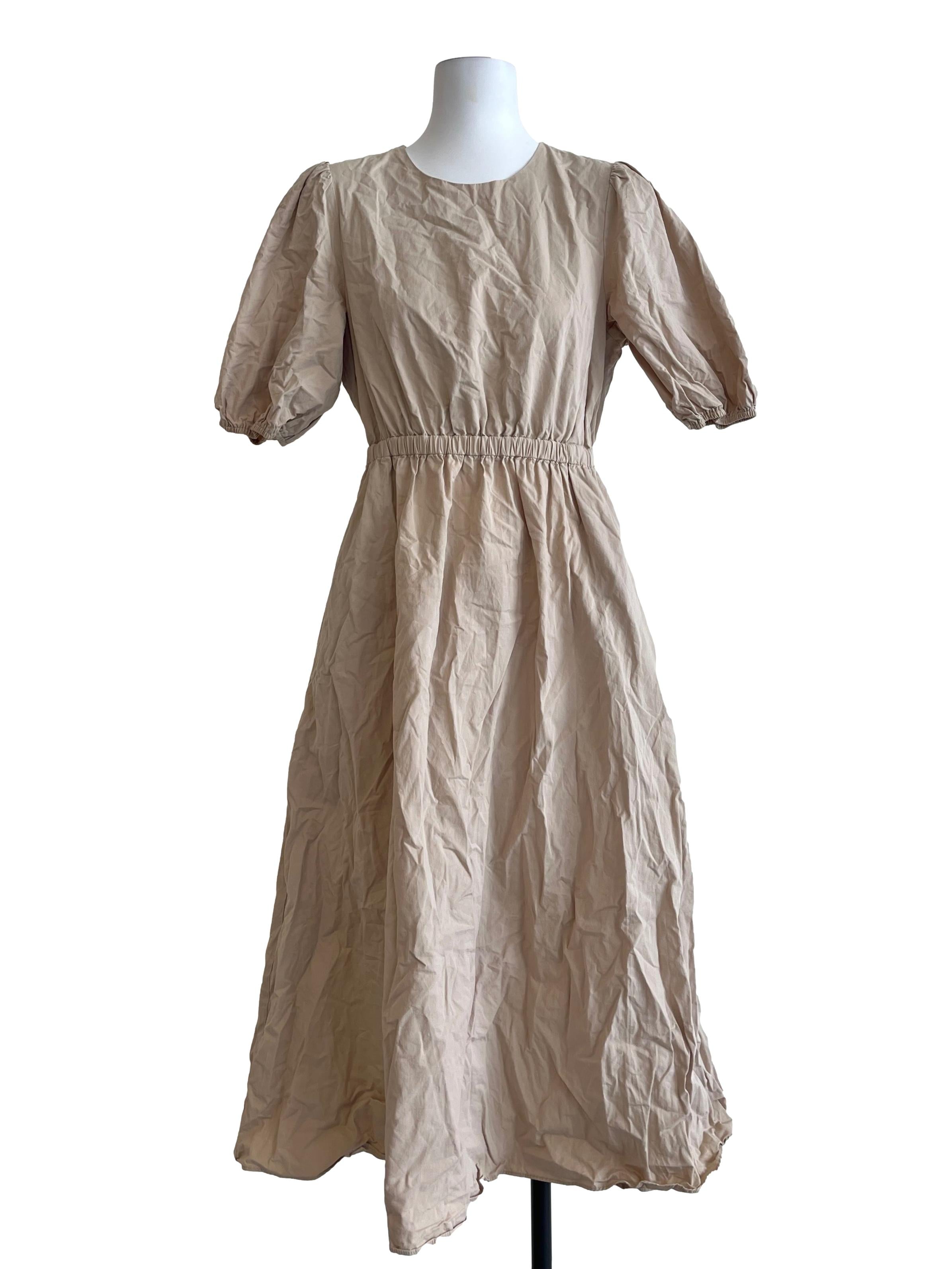 Beige Cotton Puff Sleeve Midi Dress OSN