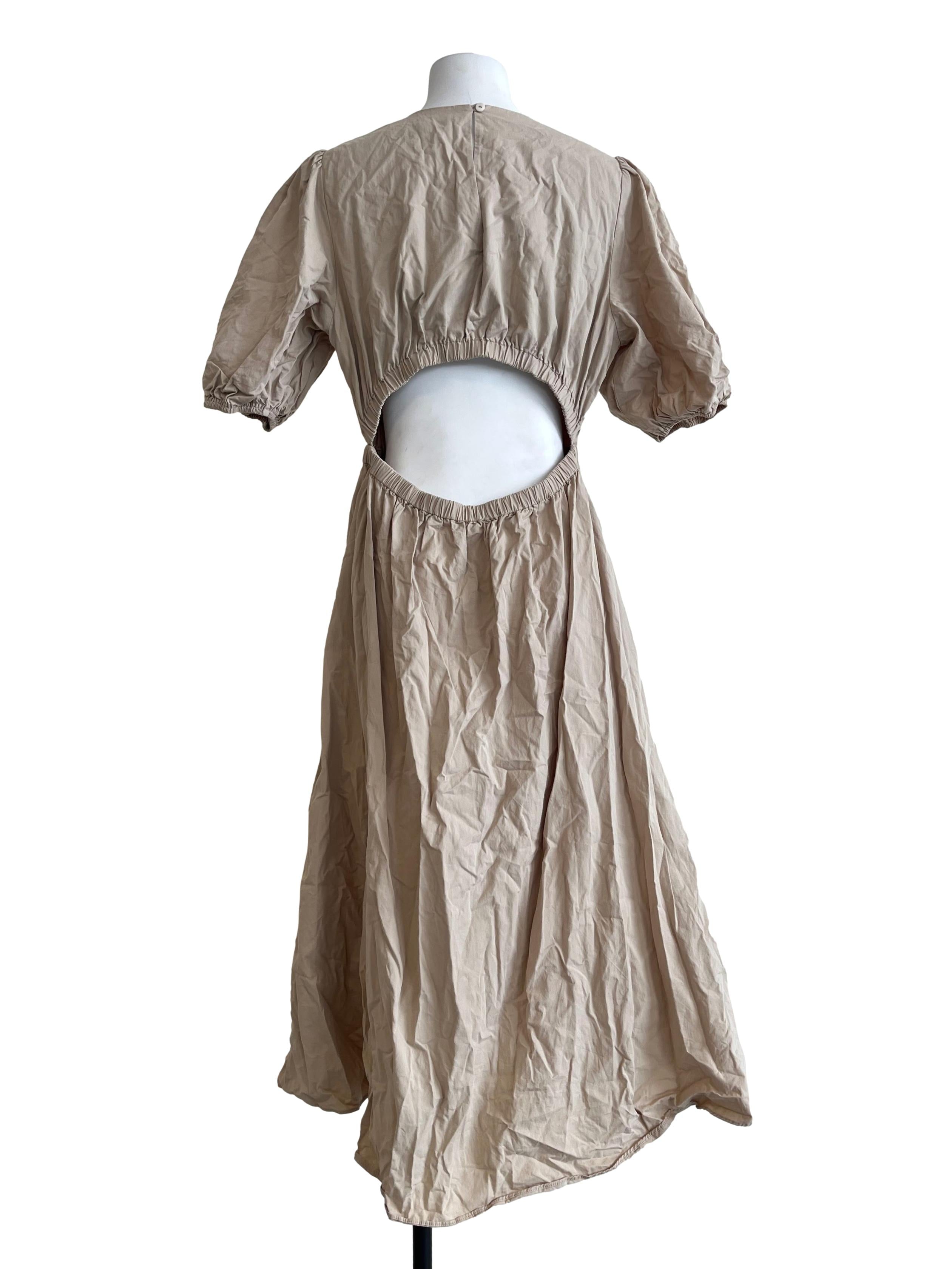 Beige Cotton Puff Sleeve Midi Dress OSN