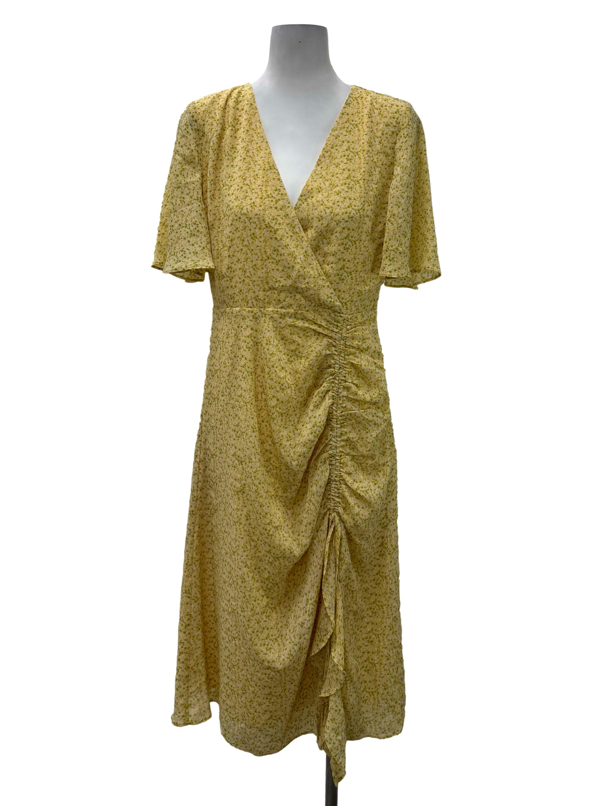 Yellow Mini Flower Wrap Ruched Dress
