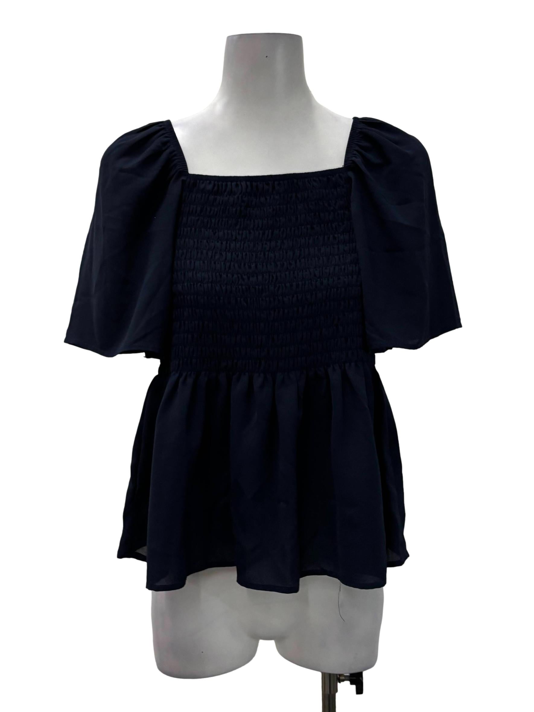 Navy Blue Square Neck Ruched Babydoll Top