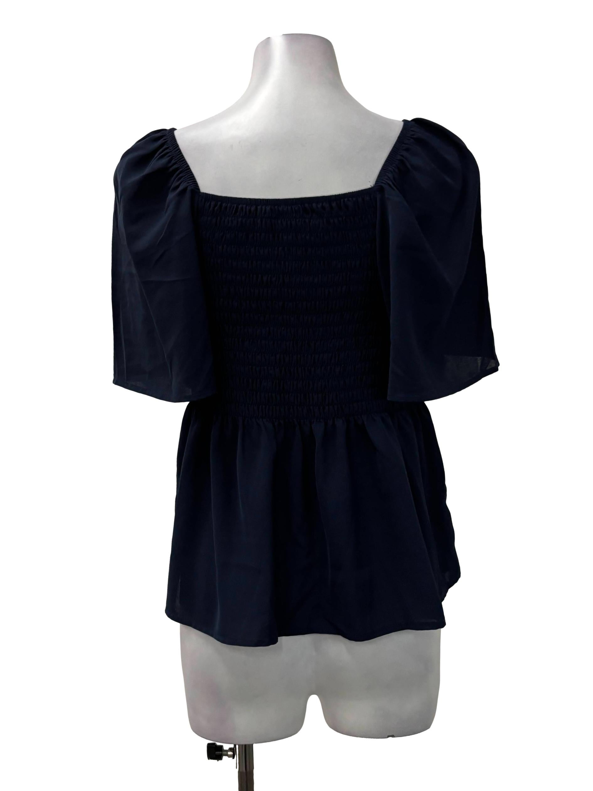Navy Blue Square Neck Ruched Babydoll Top