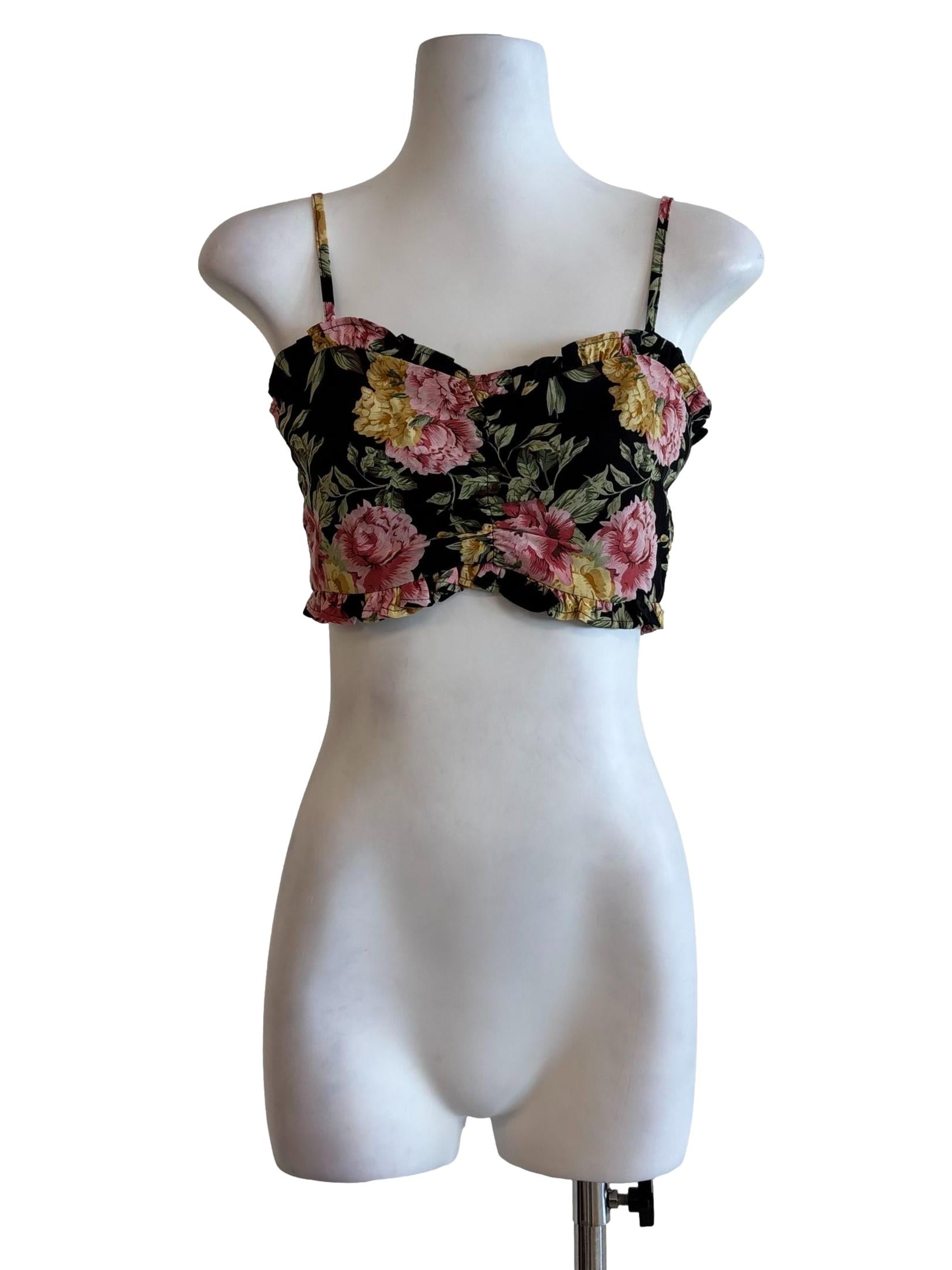 Black Floral Ruffled Crop Top