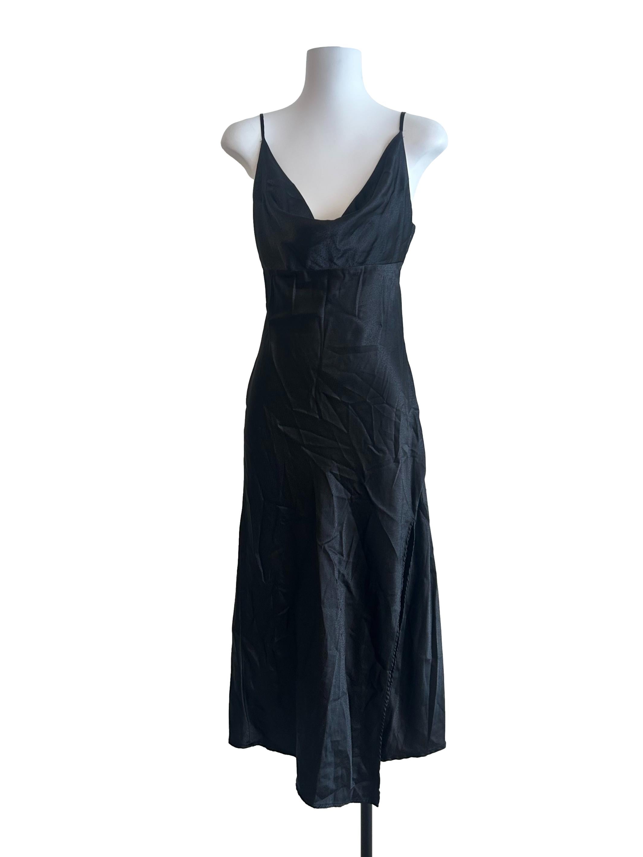 Lustrous Black Satin Slit Dress