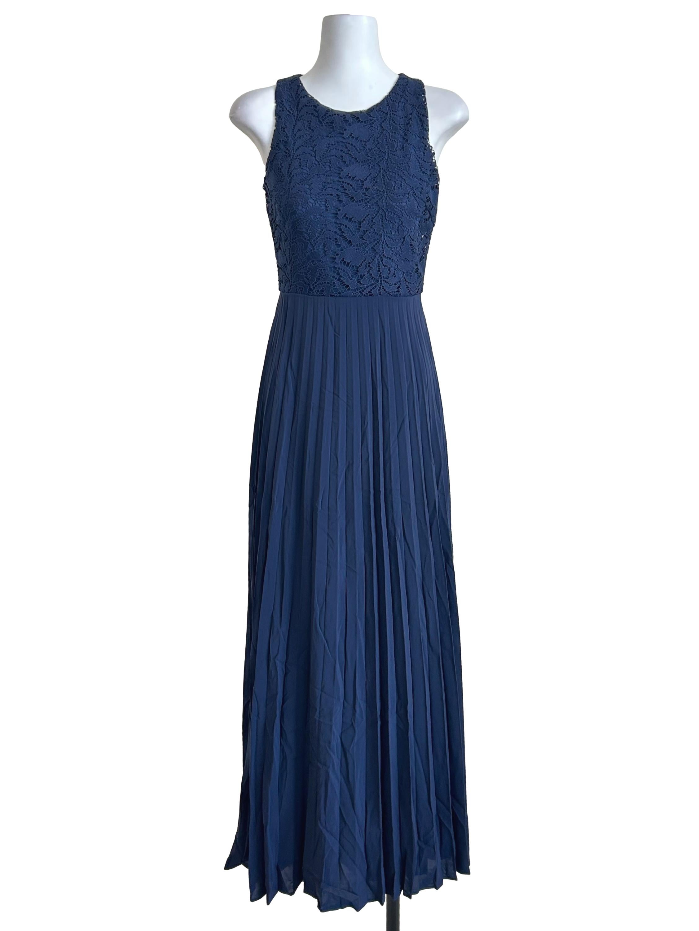 Navy Lace Pleated Maxi Dress