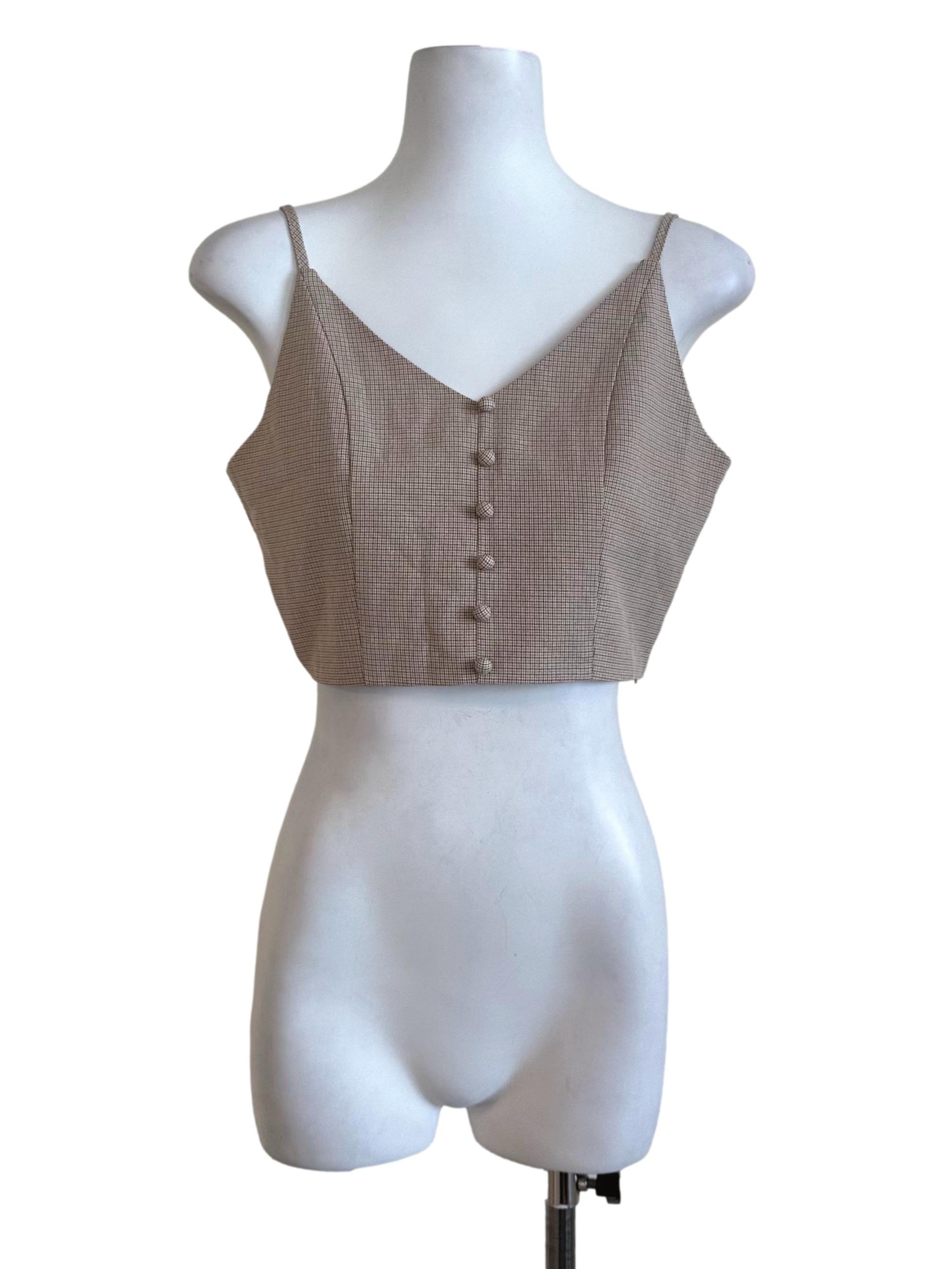 Sand Brown Plaid Button Top