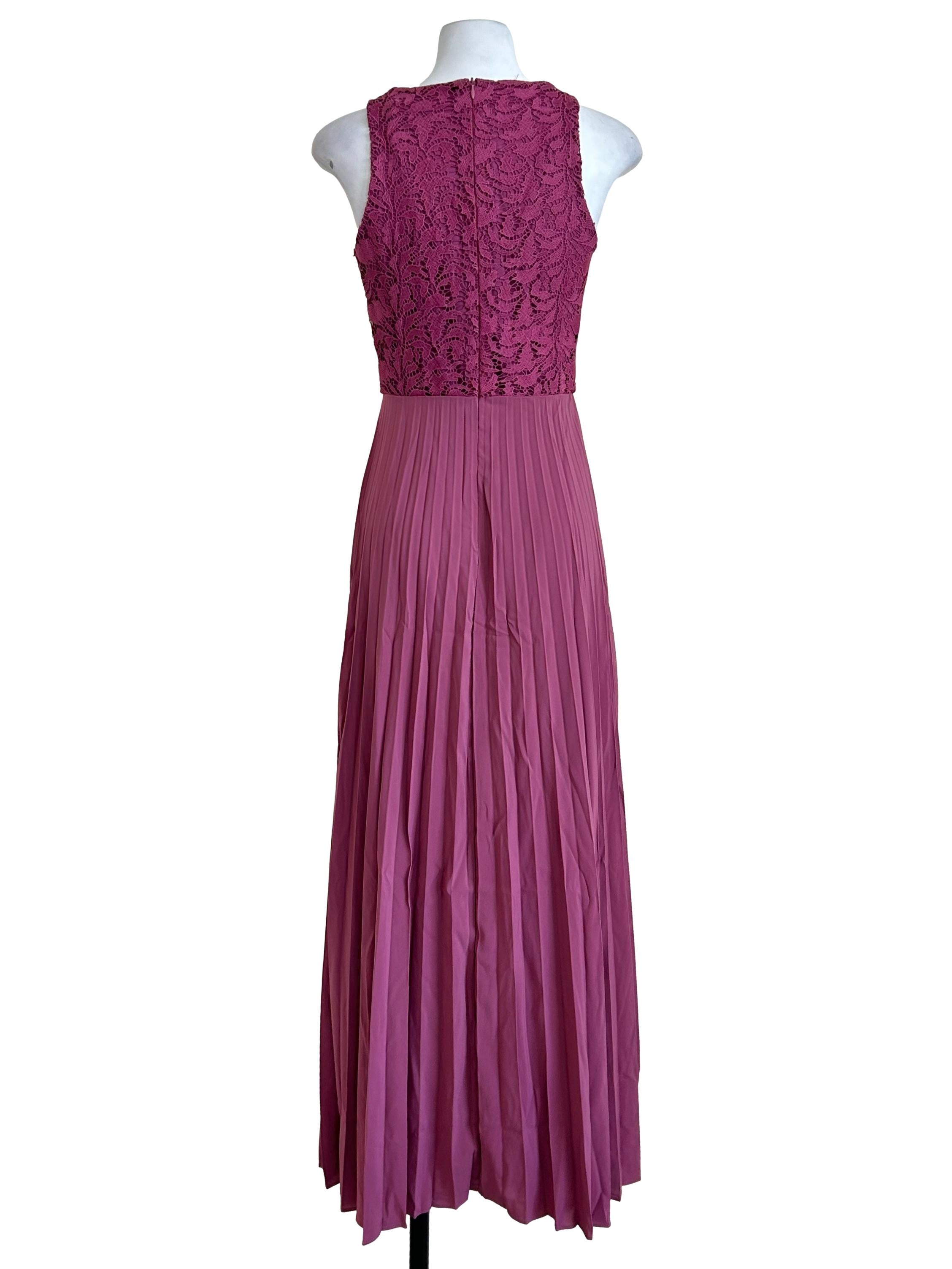 Magenta Lace Pleated Maxi Dress