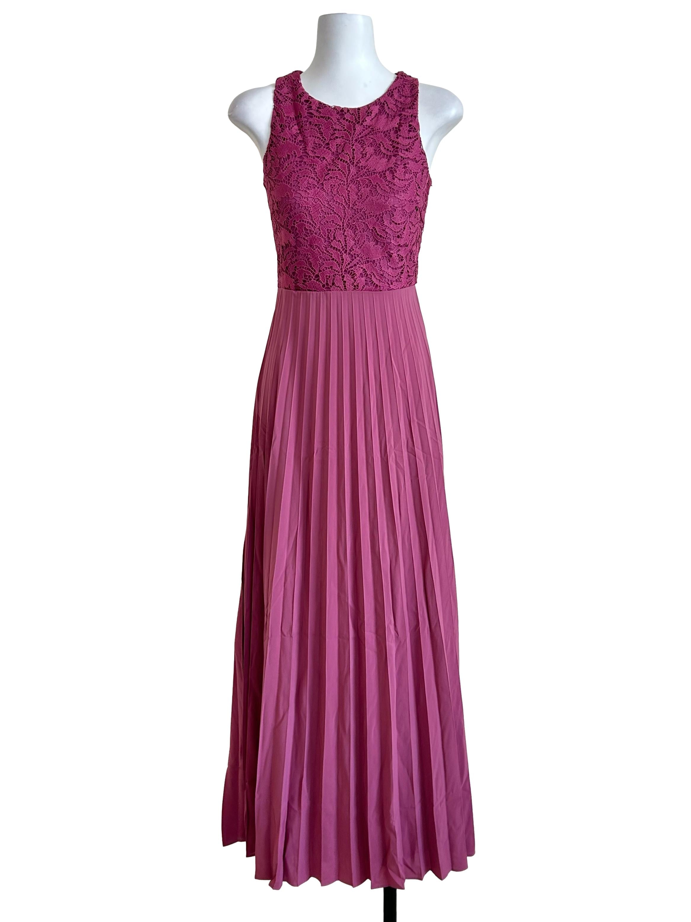 Magenta Lace Pleated Maxi Dress
