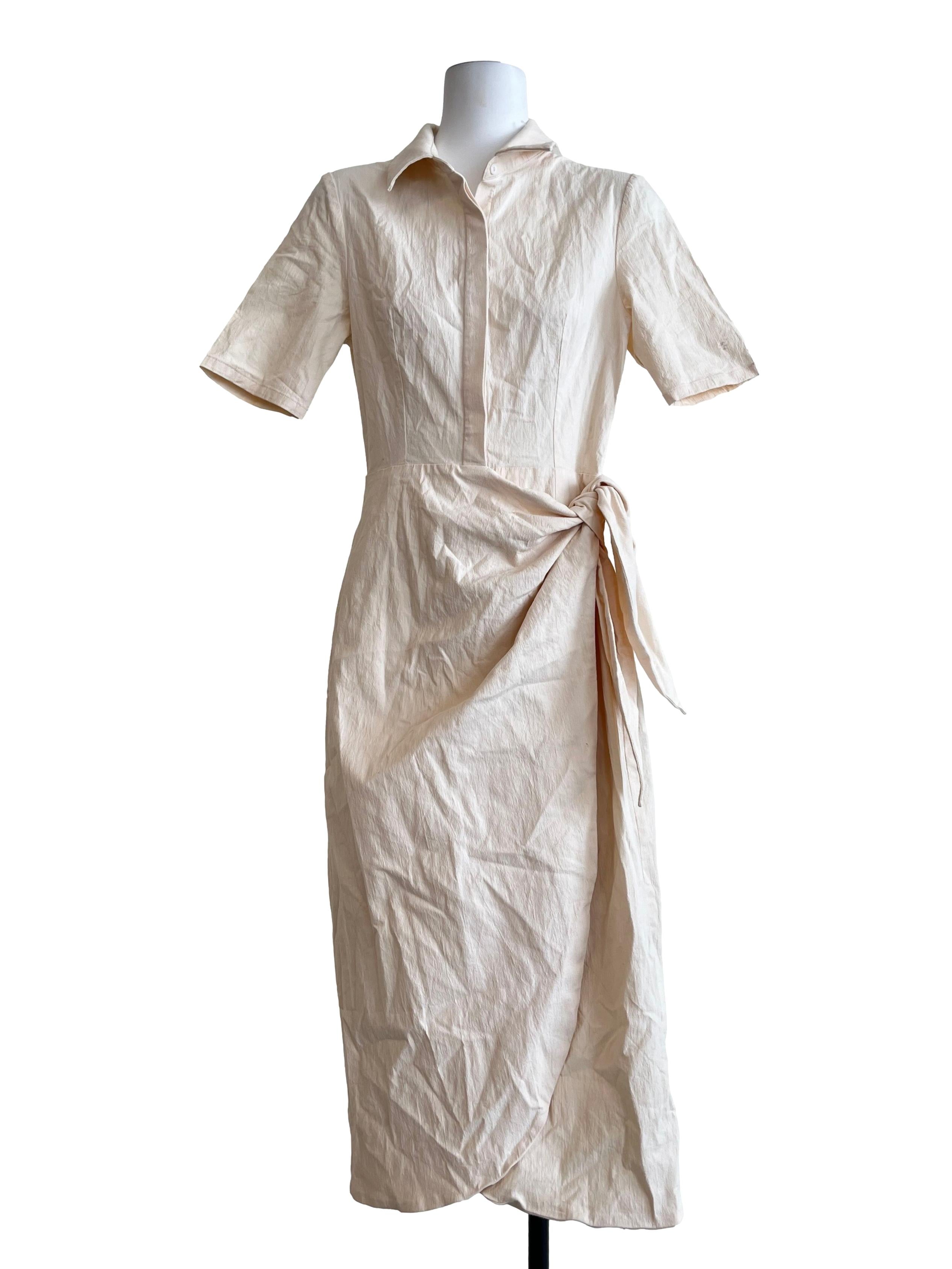 Cream Textured Cotton Wrap Dress OSN