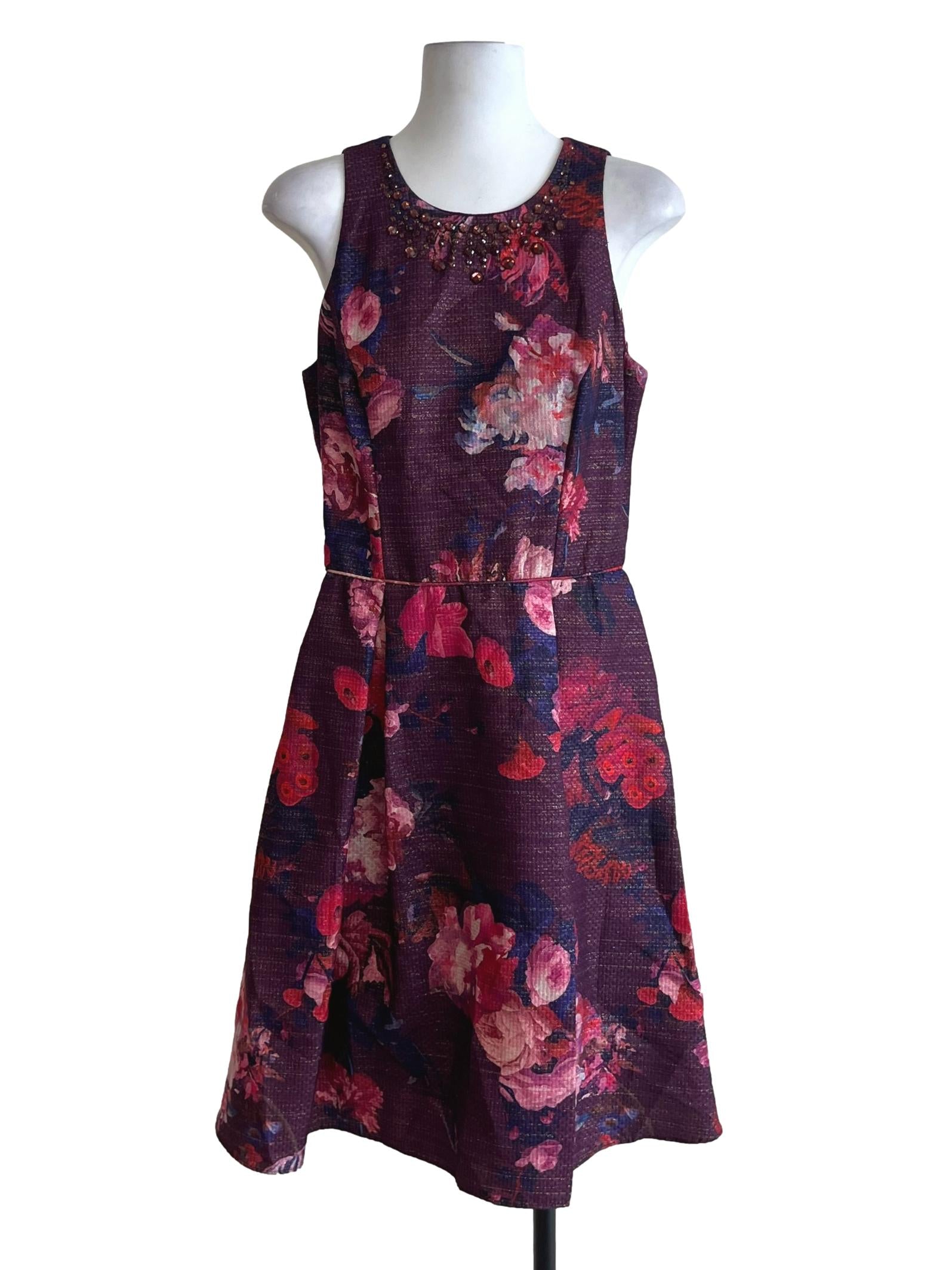 Plum Purple Jewel Neckline A-Line Dress