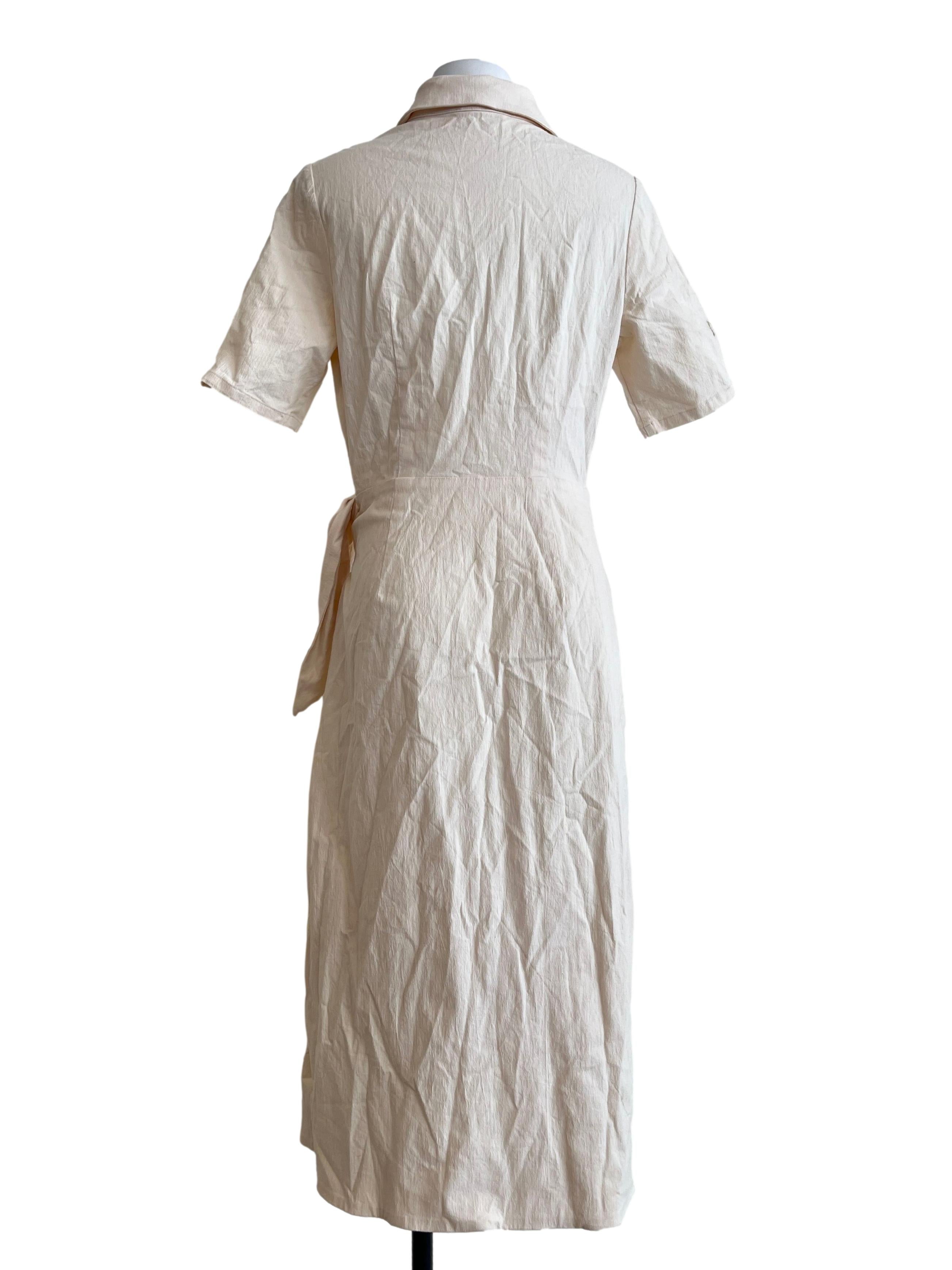 Cream Textured Cotton Wrap Dress OSN