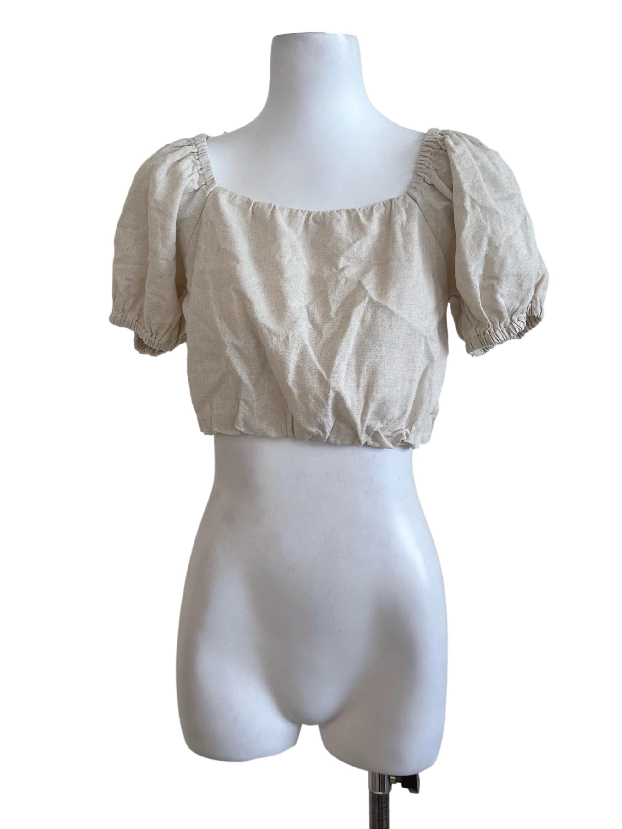 Oat Beige Plain Puff Sleeve Top TCL