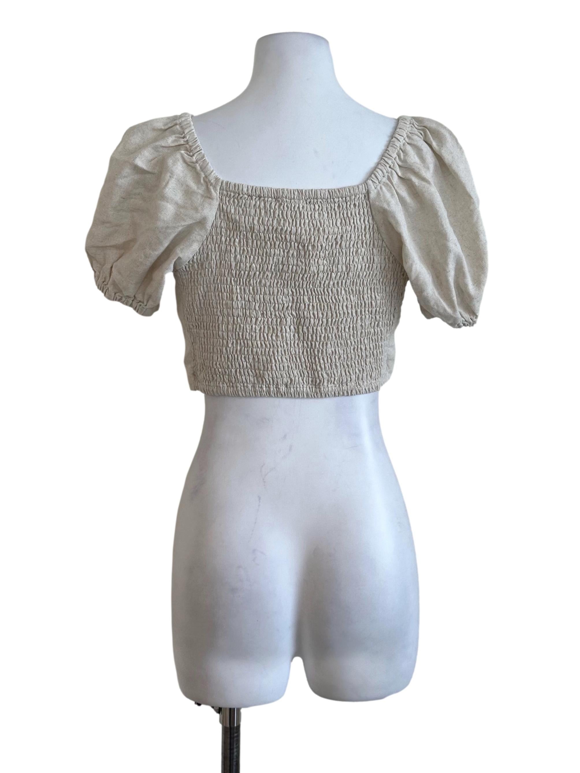 Oat Beige Plain Puff Sleeve Top TCL
