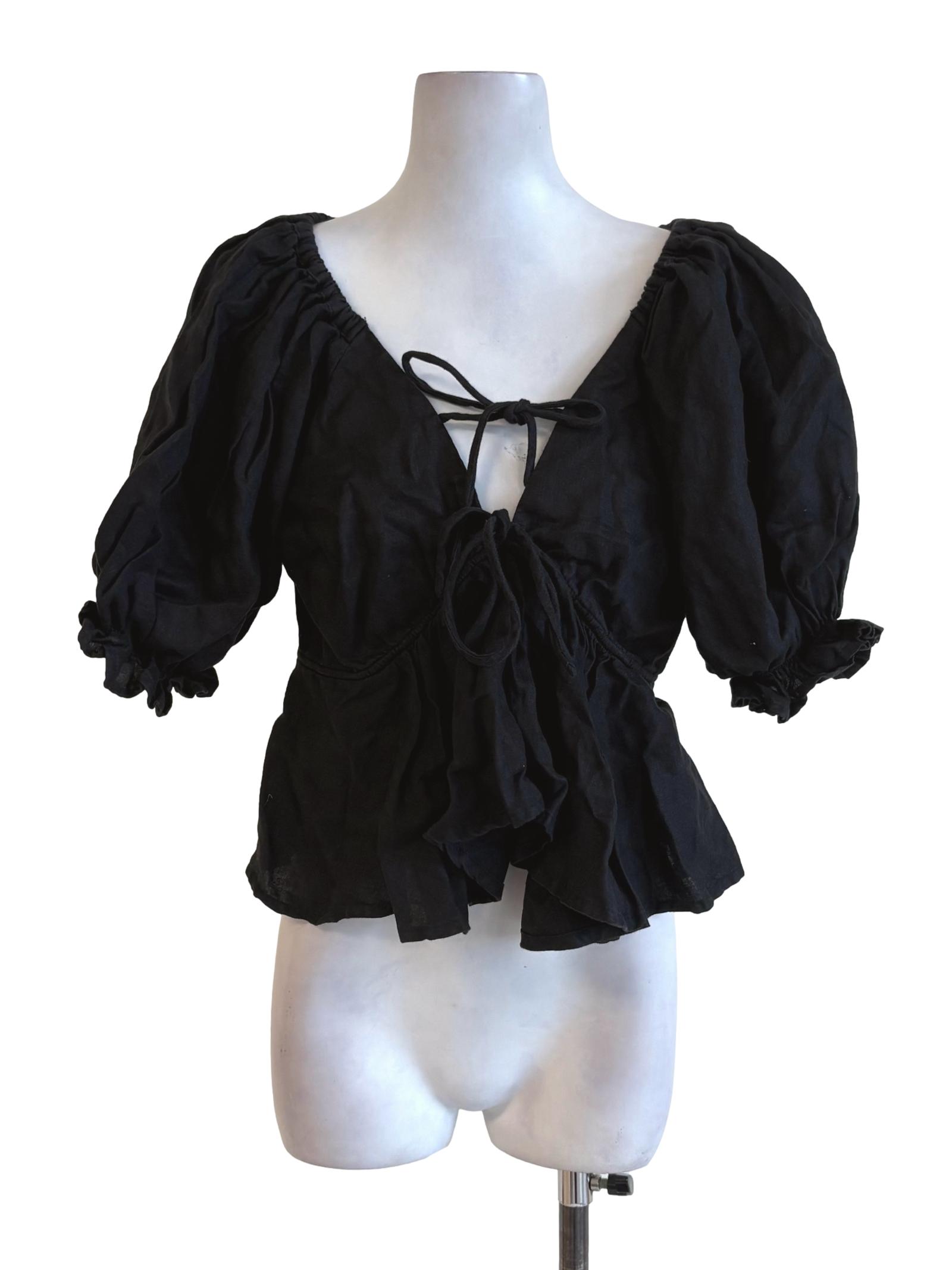 Black Linen Deep Peplum Top