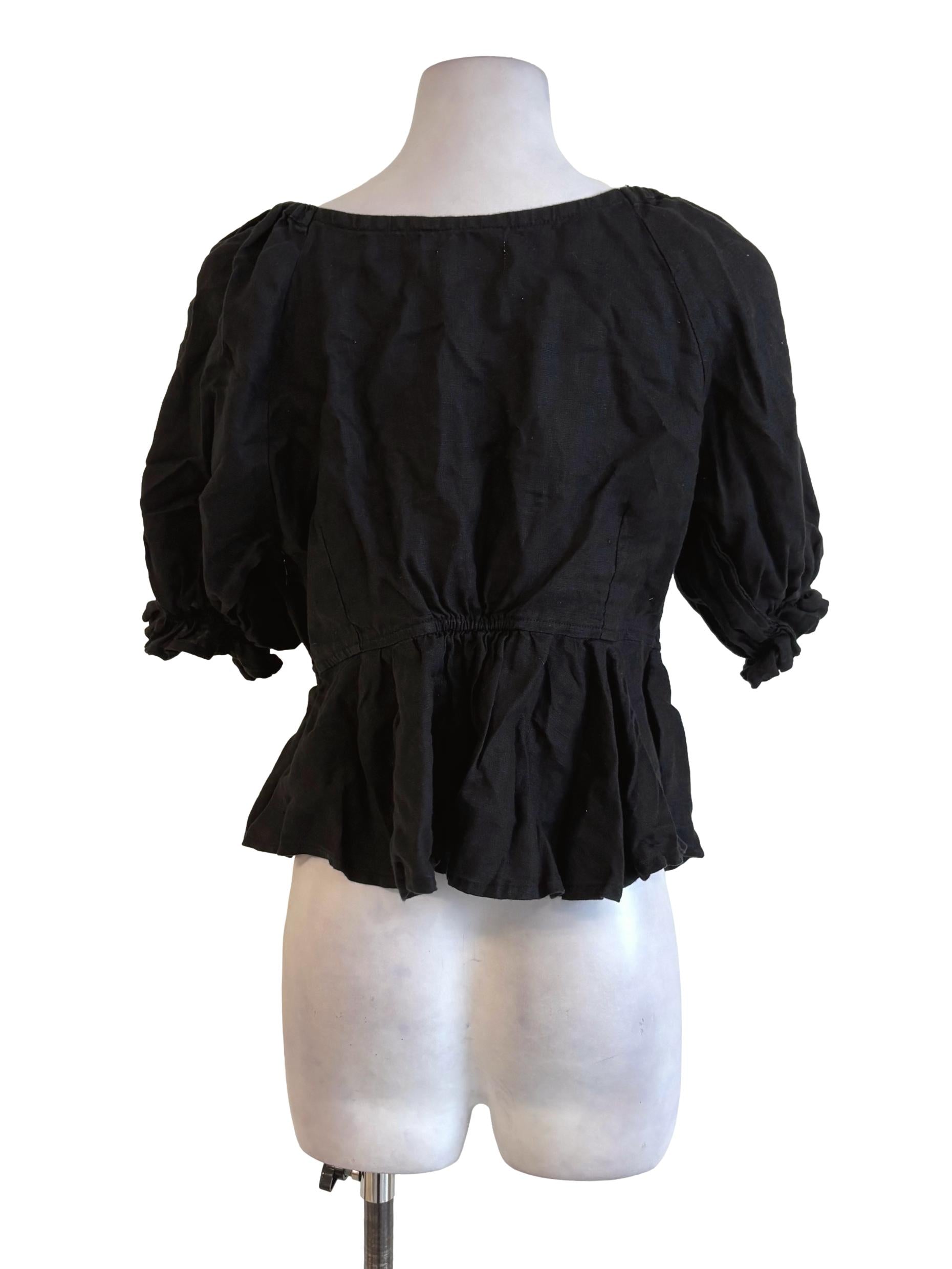 Black Linen Deep Peplum Top