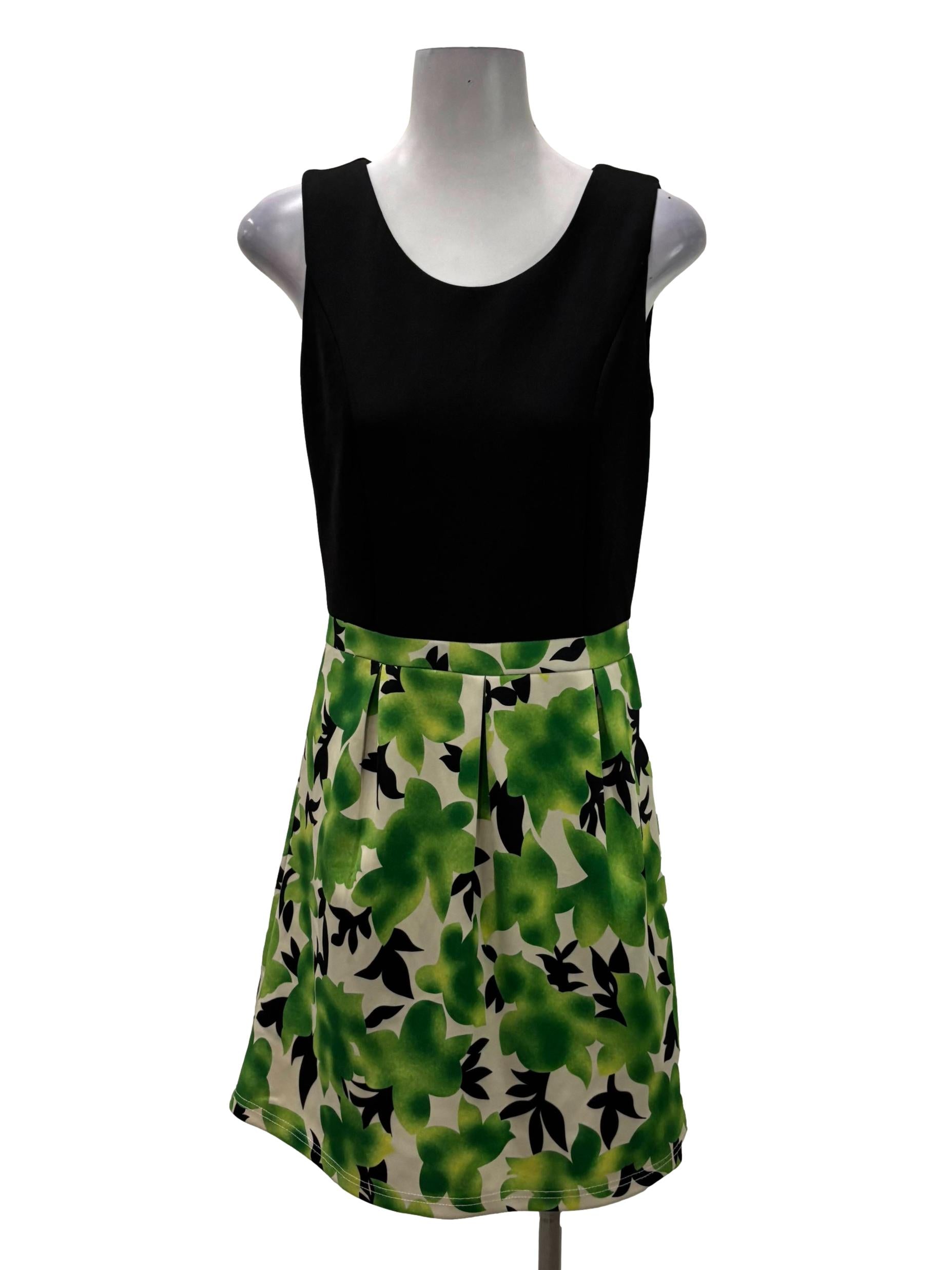Black Roundneck Sleeveless Green Floral Dress
