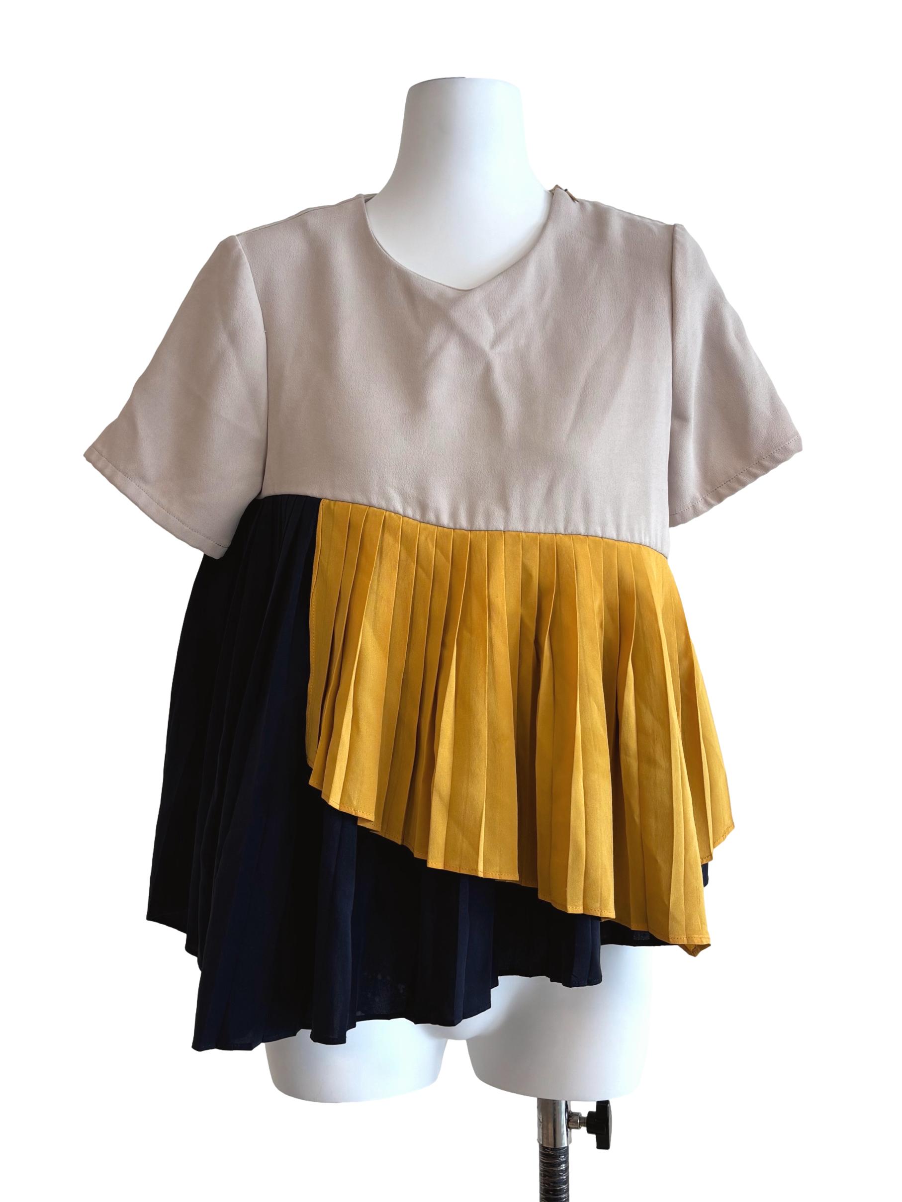 Bone Beige Blue And Yellow Ruffle Top