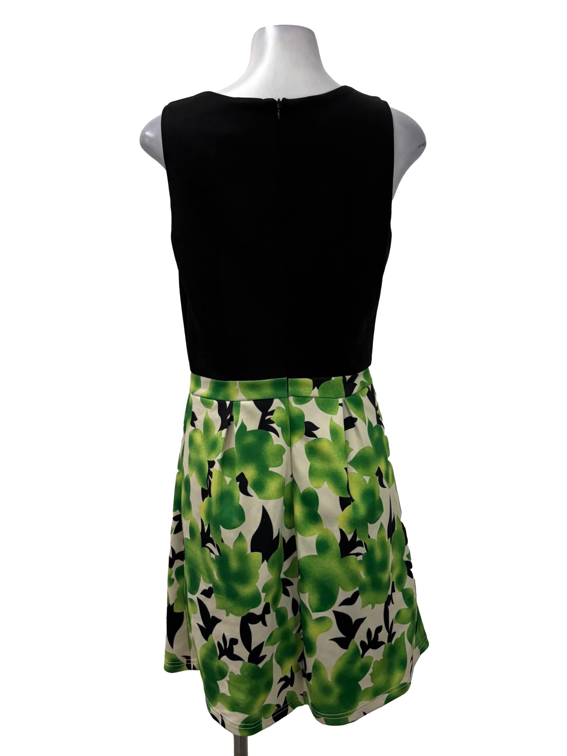Black Roundneck Sleeveless Green Floral Dress