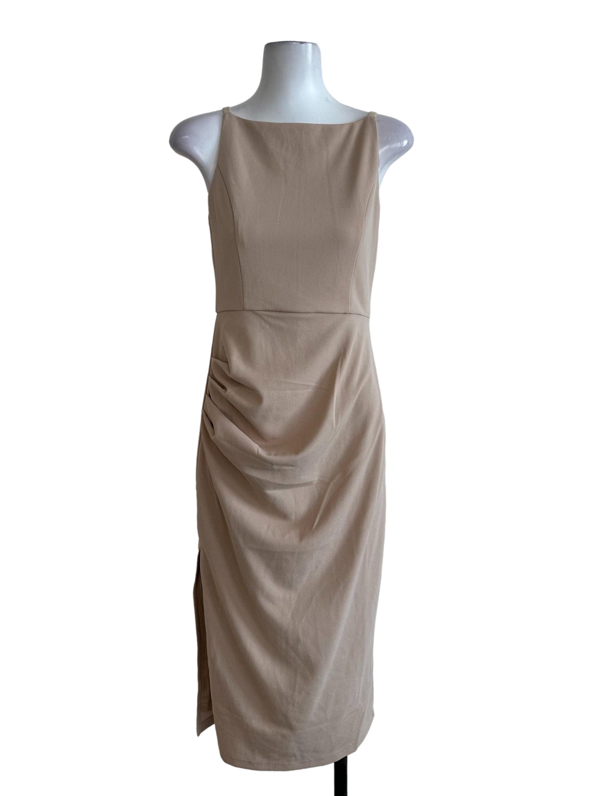 Latte Beige Drape Slit Dress