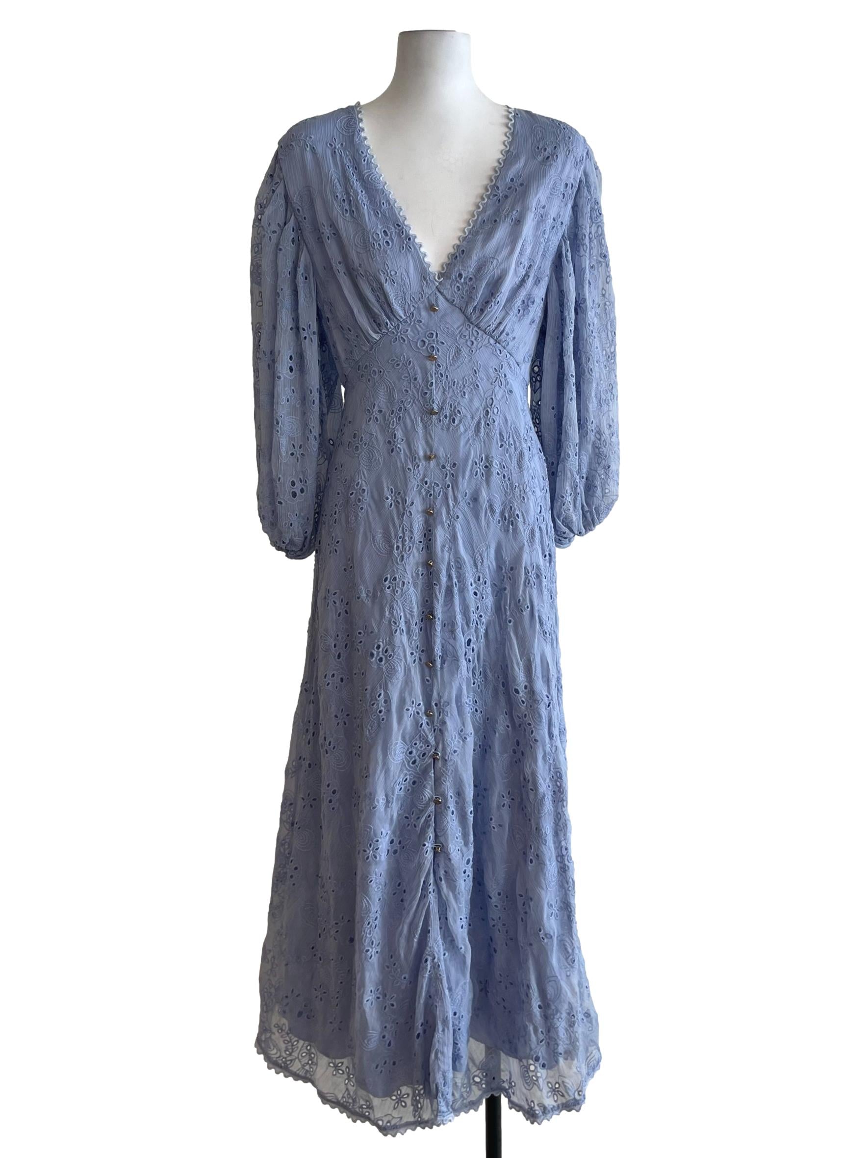 Blue V-Neckline Eyelet Dress