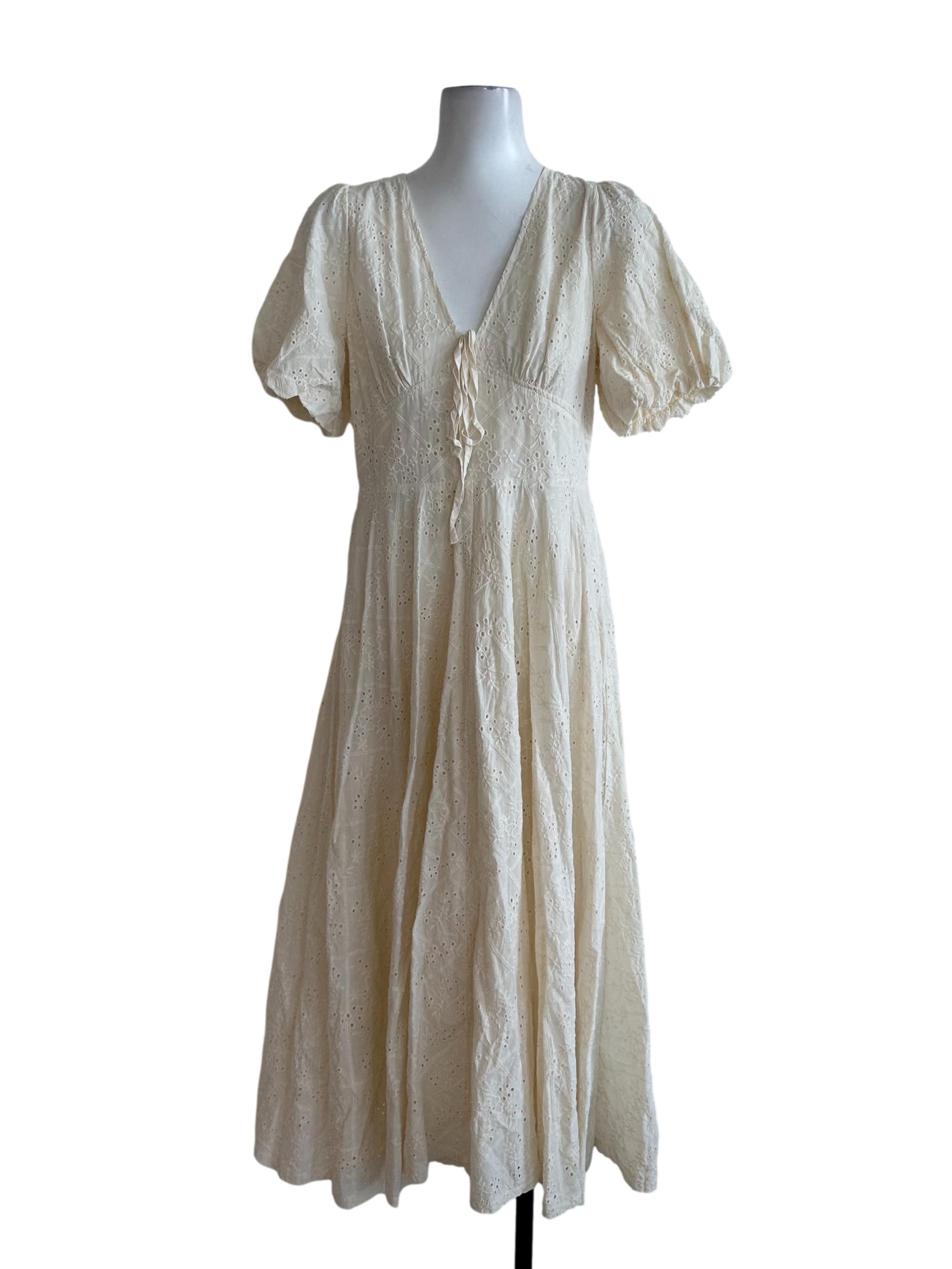 Cream White Eyelet Embroidery V Neck Dress
