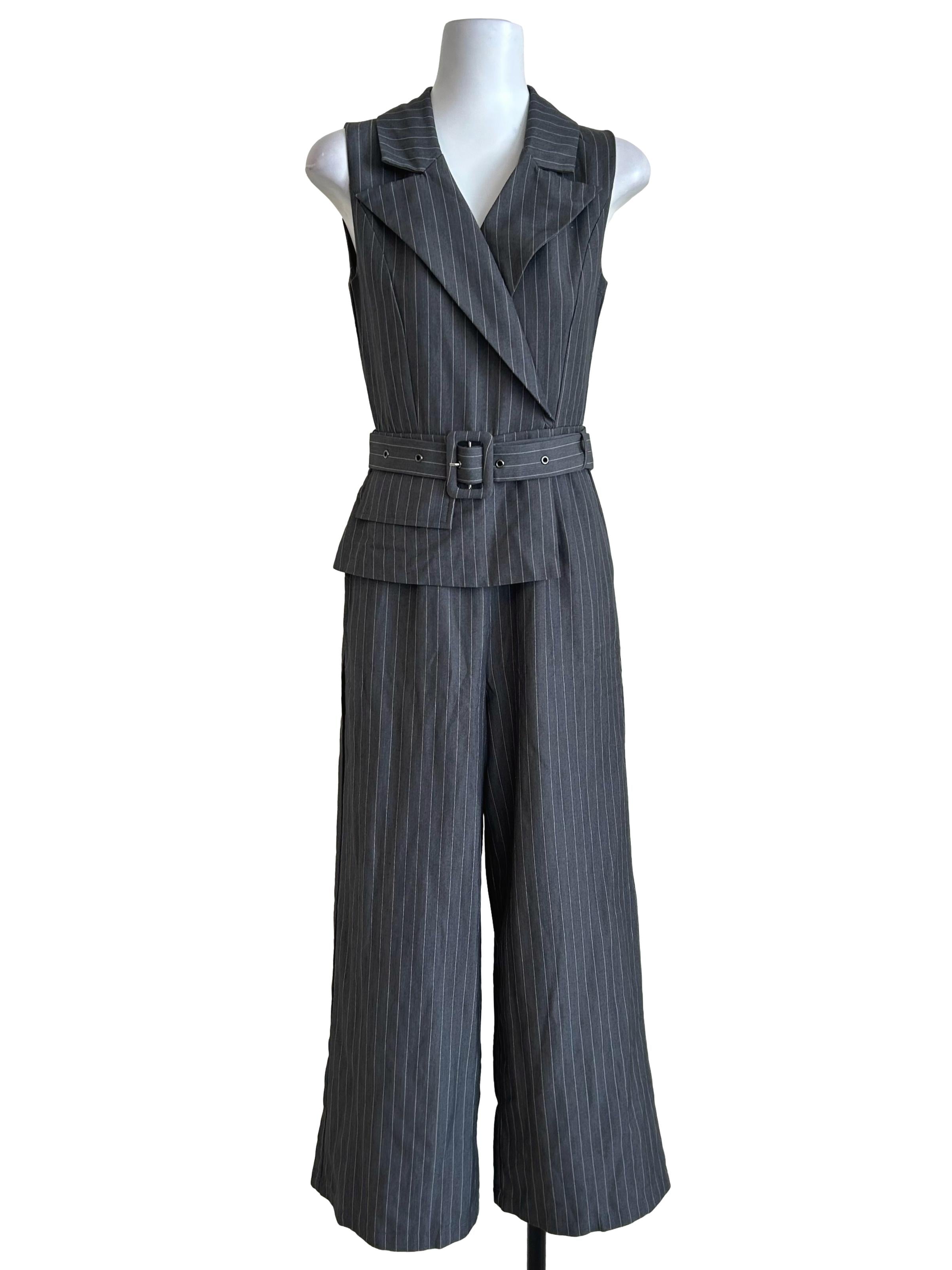 Grey Pinstripe Belted Tailored Jumpsuit