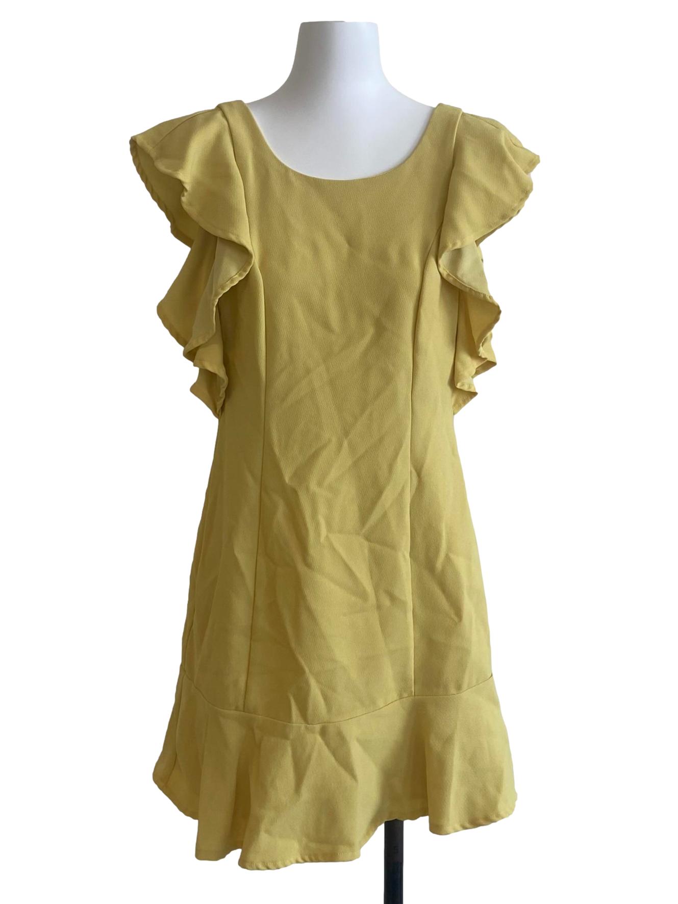 Lemon Yellow Ruffled Sleeve Twill Drop Waist Dress