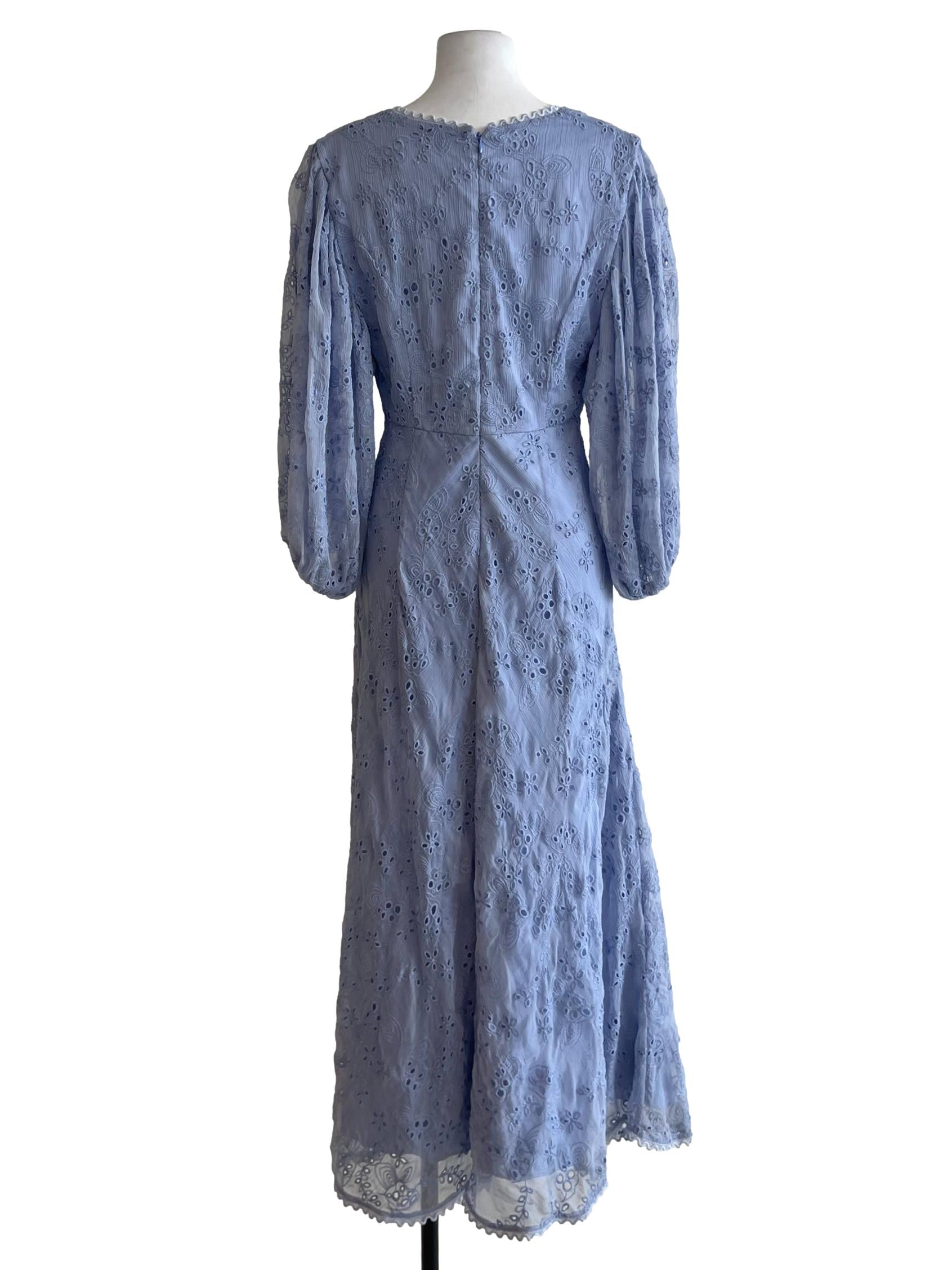 Blue V-Neckline Eyelet Dress
