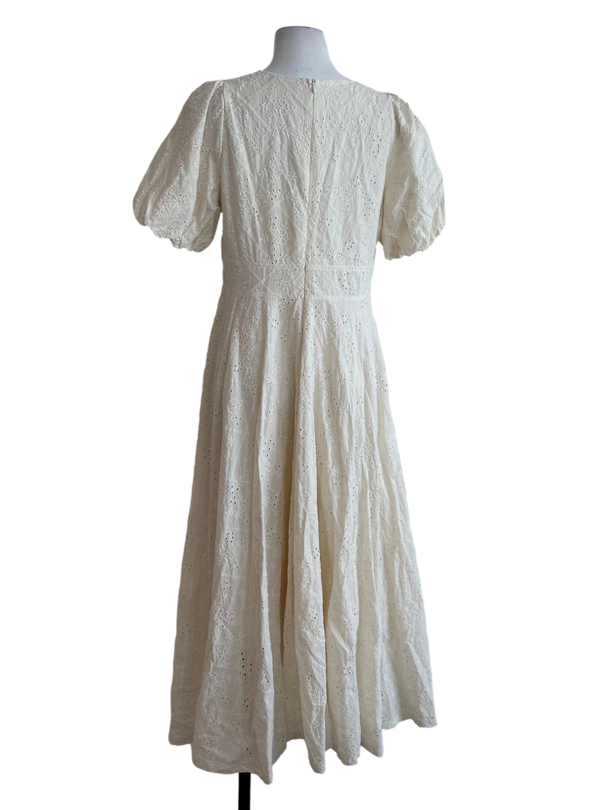 Cream White Eyelet Embroidery V Neck Dress