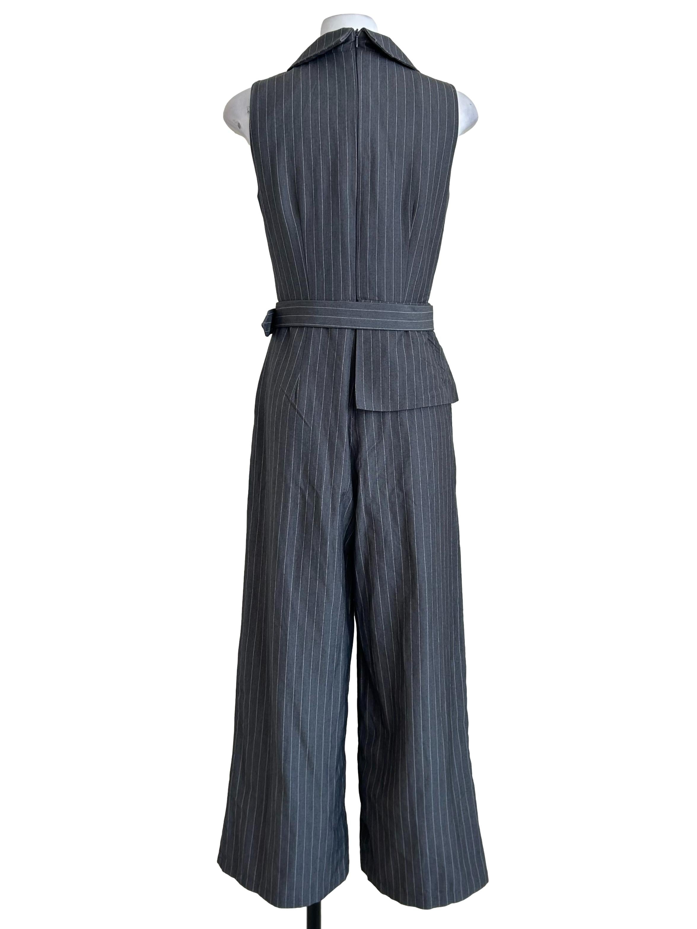 Grey Pinstripe Belted Tailored Jumpsuit