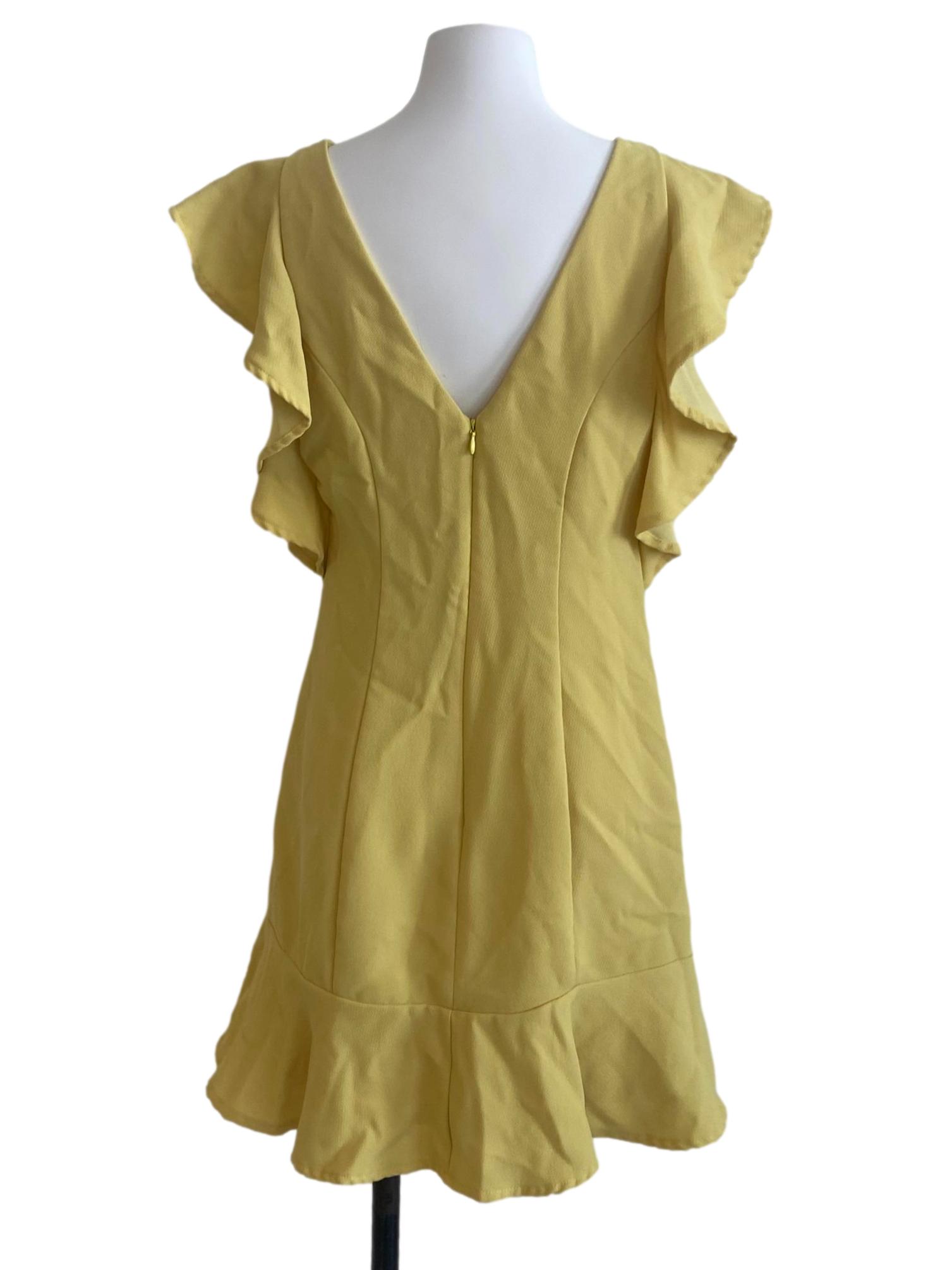 Lemon Yellow Ruffled Sleeve Twill Drop Waist Dress