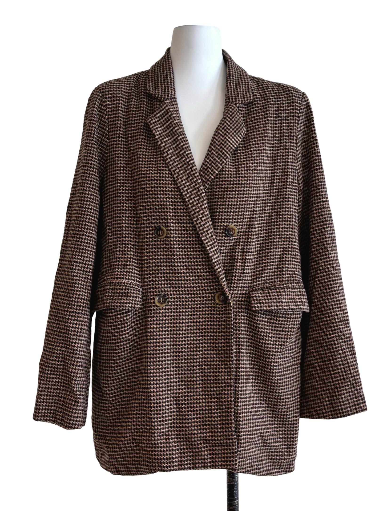 Taupe Brown Double Breasted Plaid Blazer