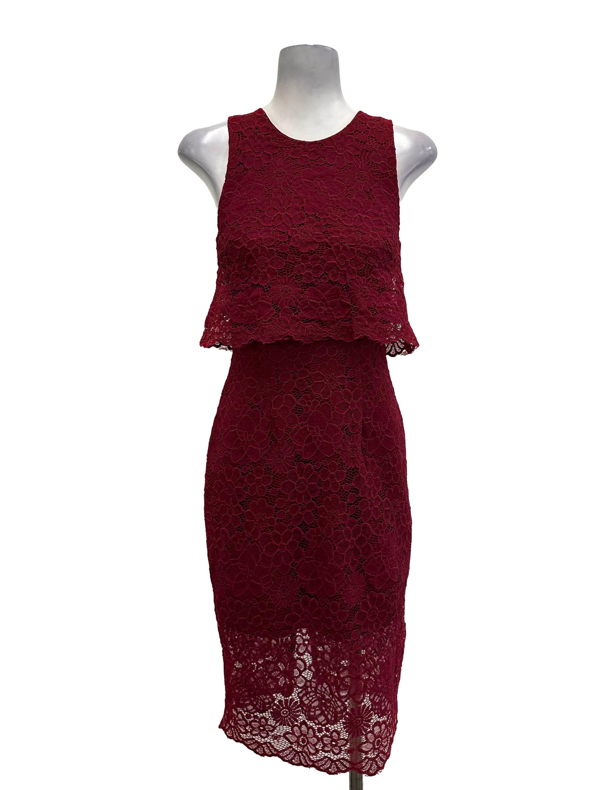 Wine Red Floral Lace Pencil Dress