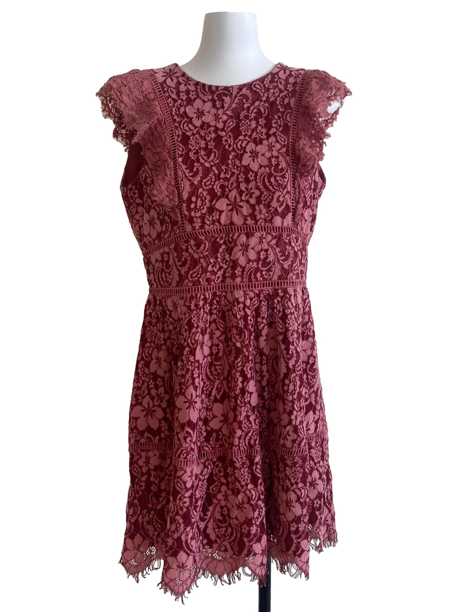 Rosewood Pink Sleeveless Floral Lace A-Line Dress