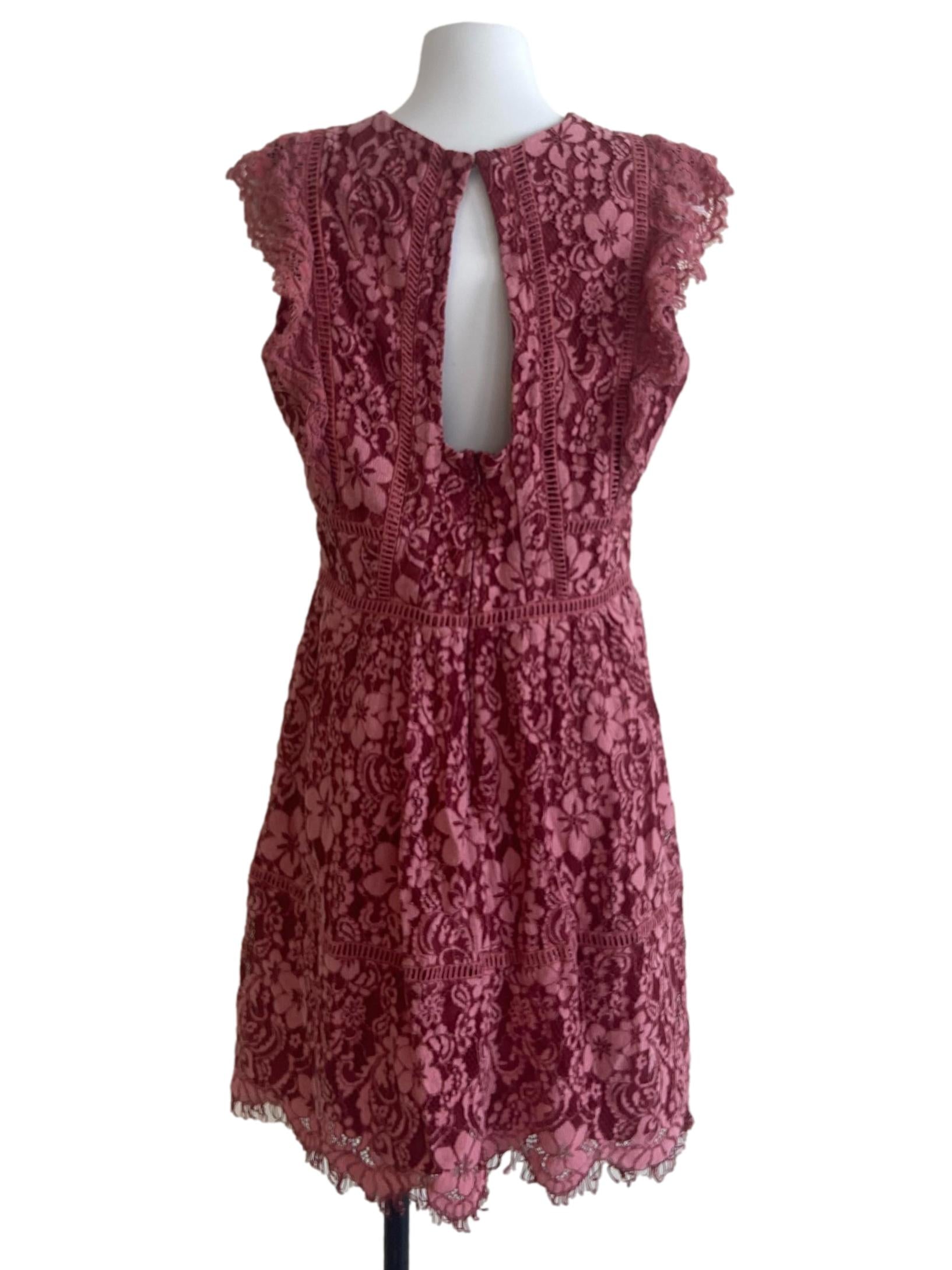 Rosewood Pink Sleeveless Floral Lace A-Line Dress